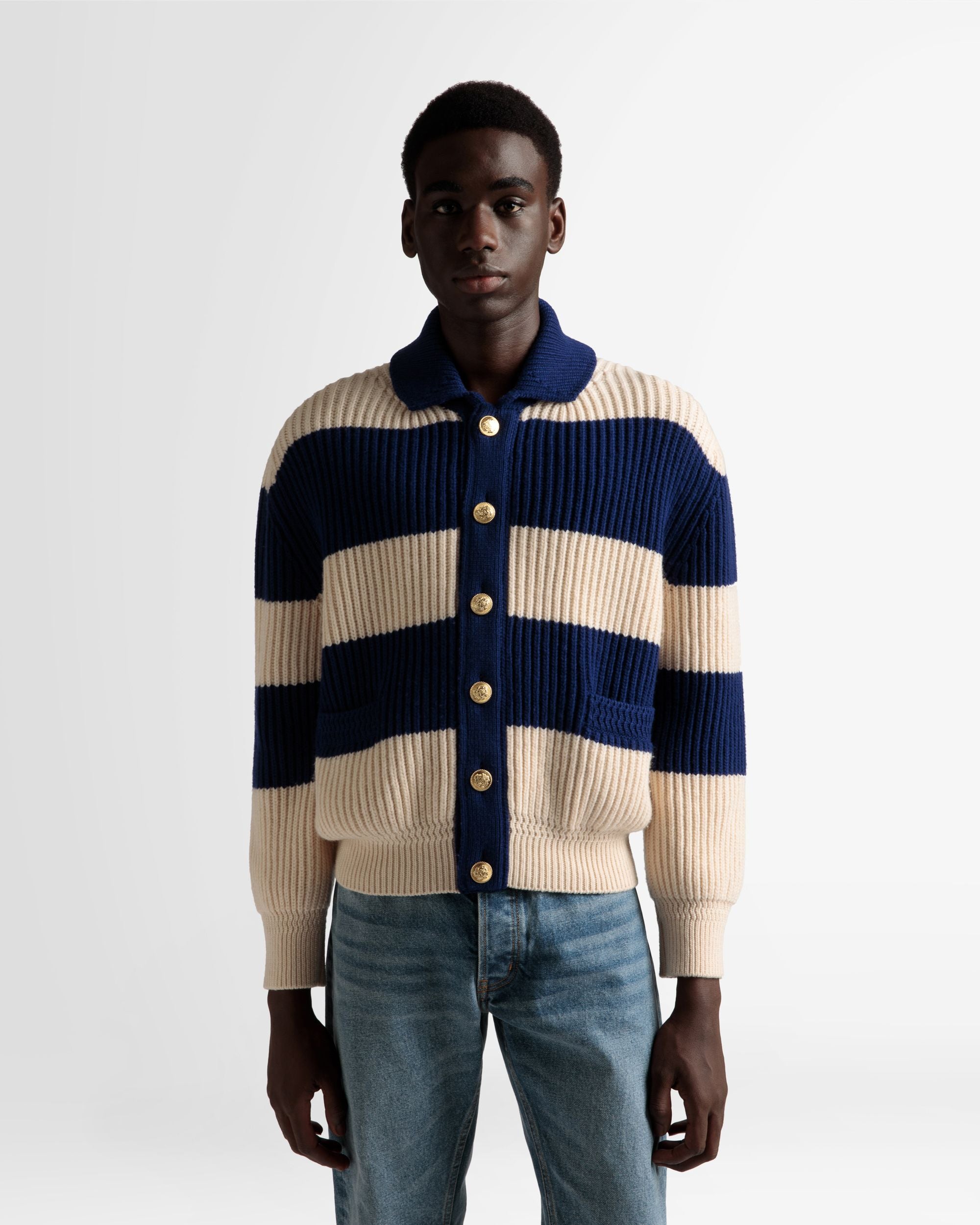 Cardigan À Rayures En Laine Ivoire Et Bleu Marine - Homme - Bally - 03