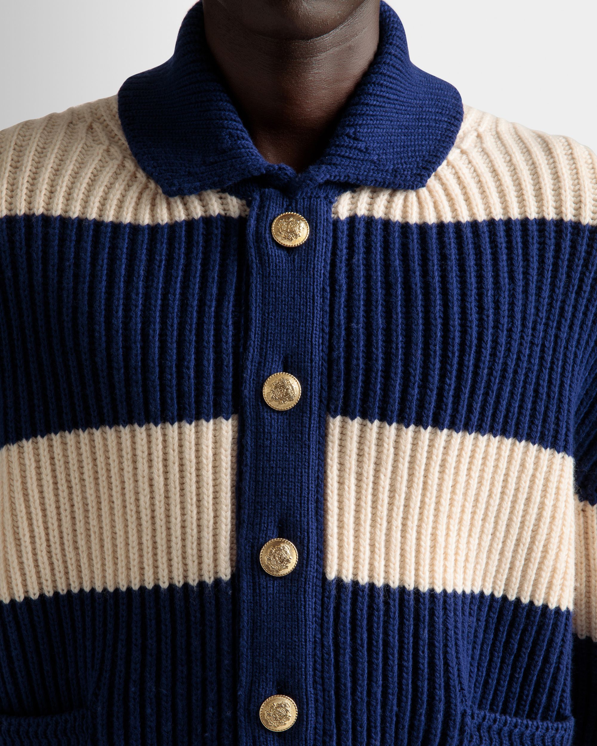 Cardigan À Rayures En Laine Ivoire Et Bleu Marine - Homme - Bally - 04