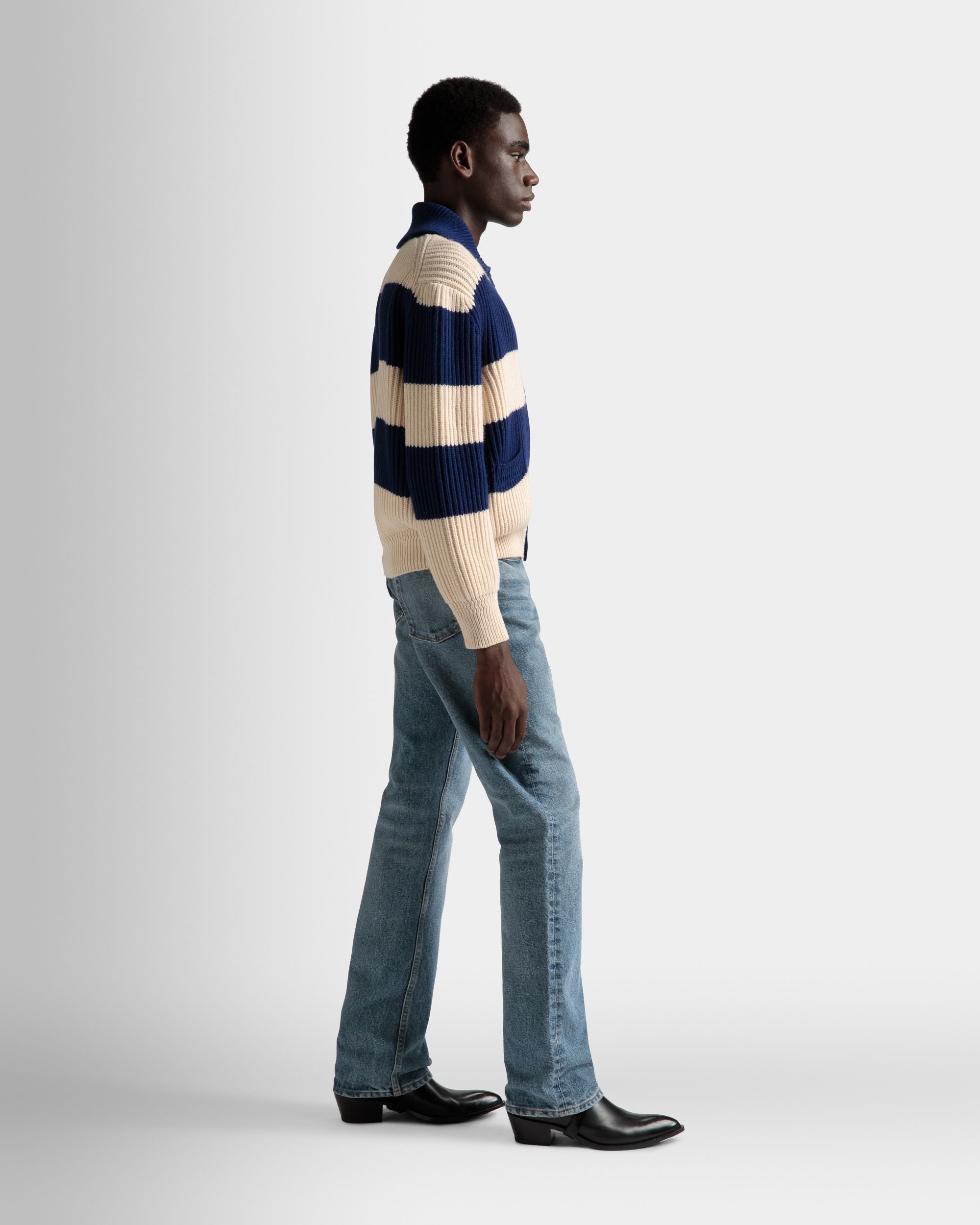 Cardigan À Rayures En Laine Ivoire Et Bleu Marine - Homme - Bally - 05