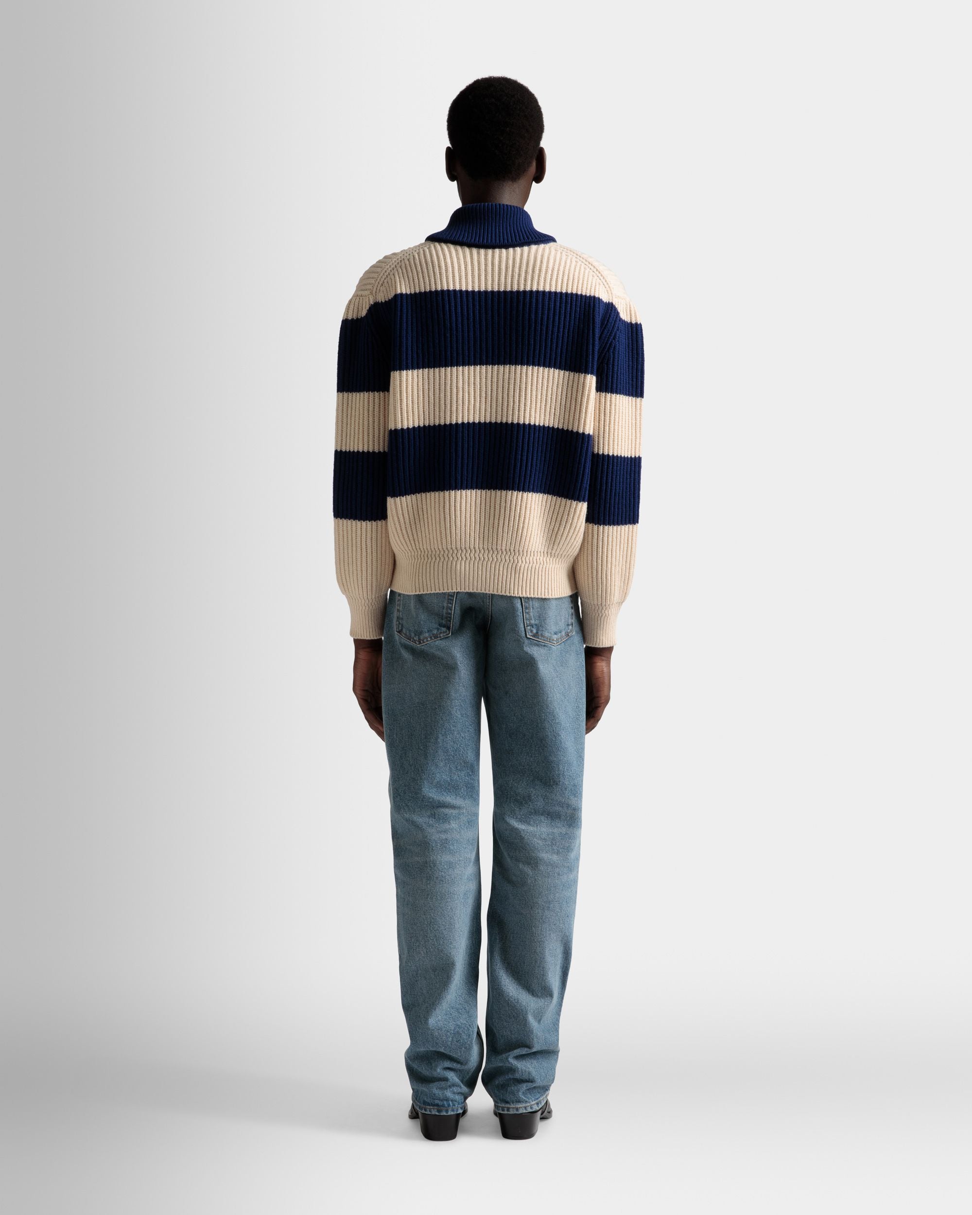 Cardigan À Rayures En Laine Ivoire Et Bleu Marine - Homme - Bally - 06
