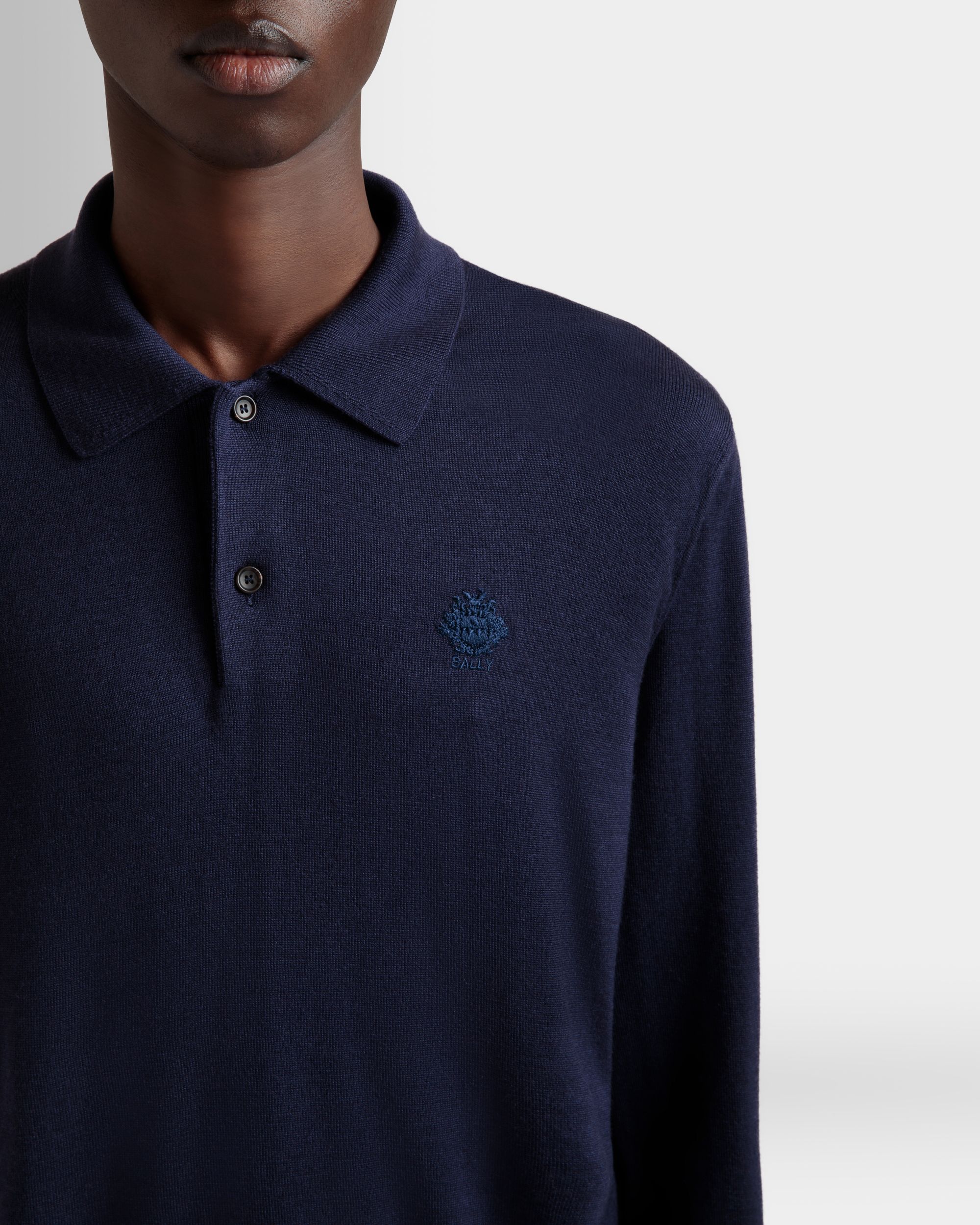 Polo À Manches Longues En Mélange De Cachemire Navy Blue Orné D’un Écusson Bally Crest - Homme - Bally - 03
