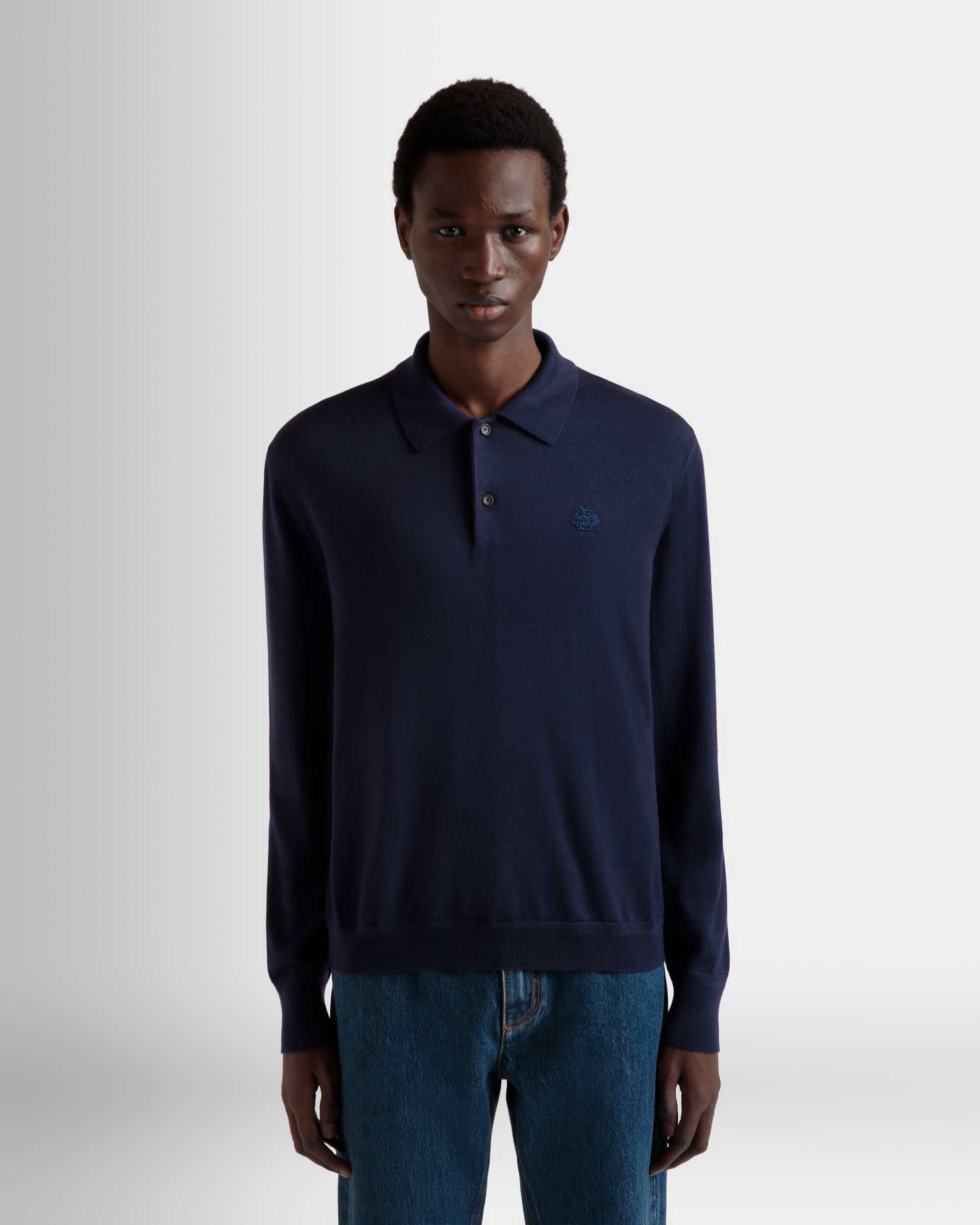 Polo À Manches Longues En Mélange De Cachemire Navy Blue Orné D’un Écusson Bally Crest - Homme - Bally - 08