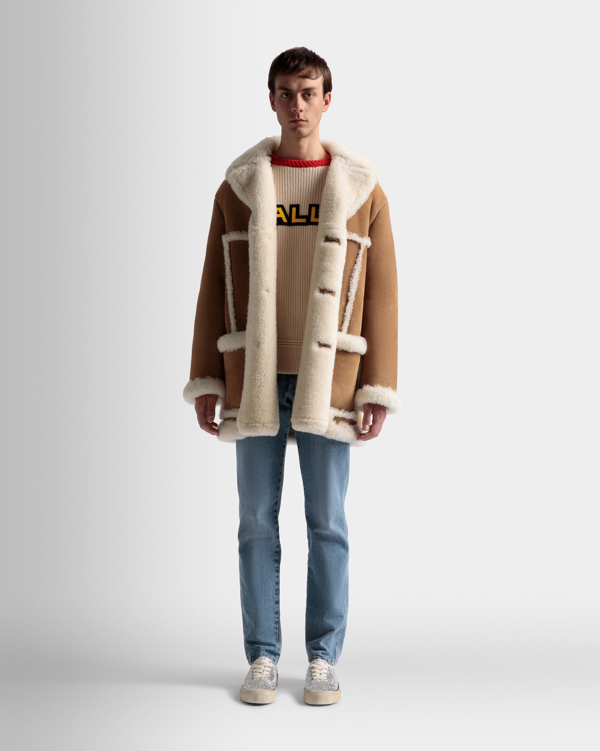 Manteau Aviateur En Cuir Et Laine Mérinos Marron - Homme - Bally - 02