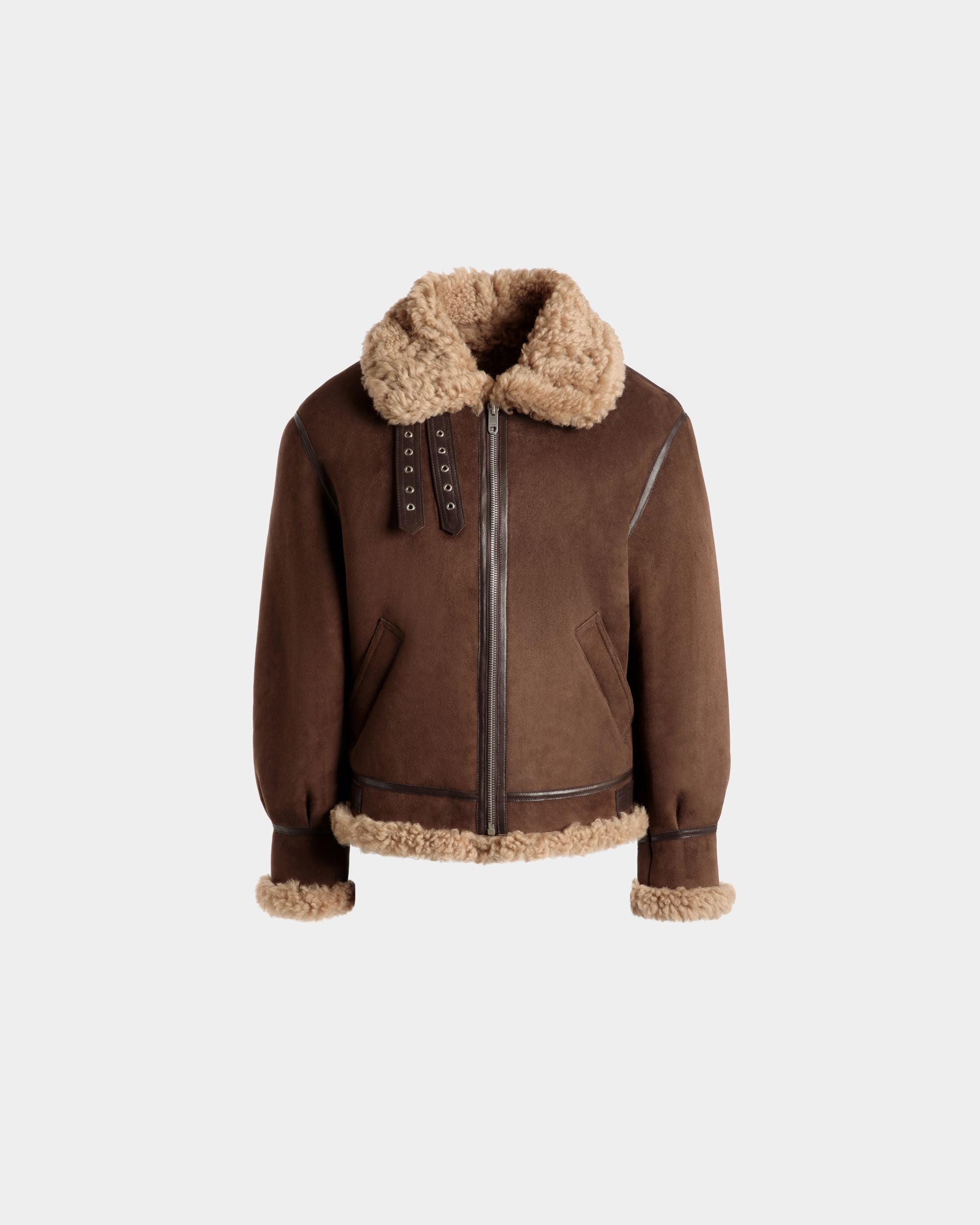 Blouson Aviateur En Mouton Retourné Marron Et Beige - Homme - Bally - 01