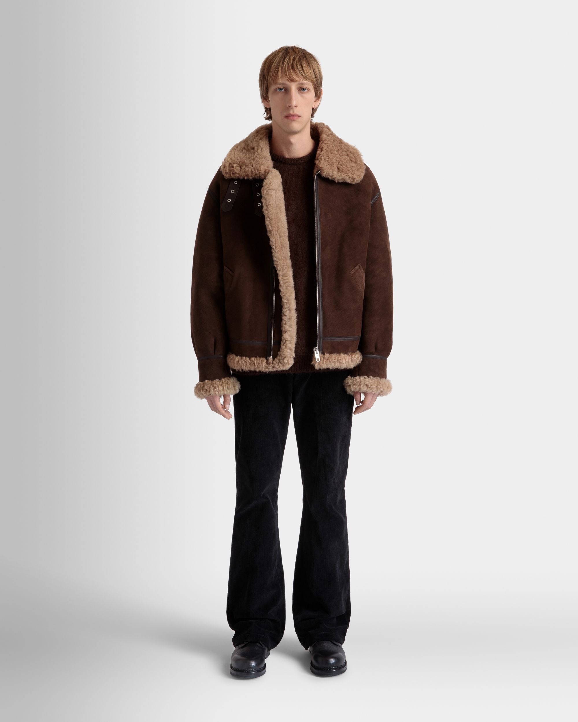 Blouson Aviateur En Mouton Retourné Marron Et Beige - Homme - Bally - 02