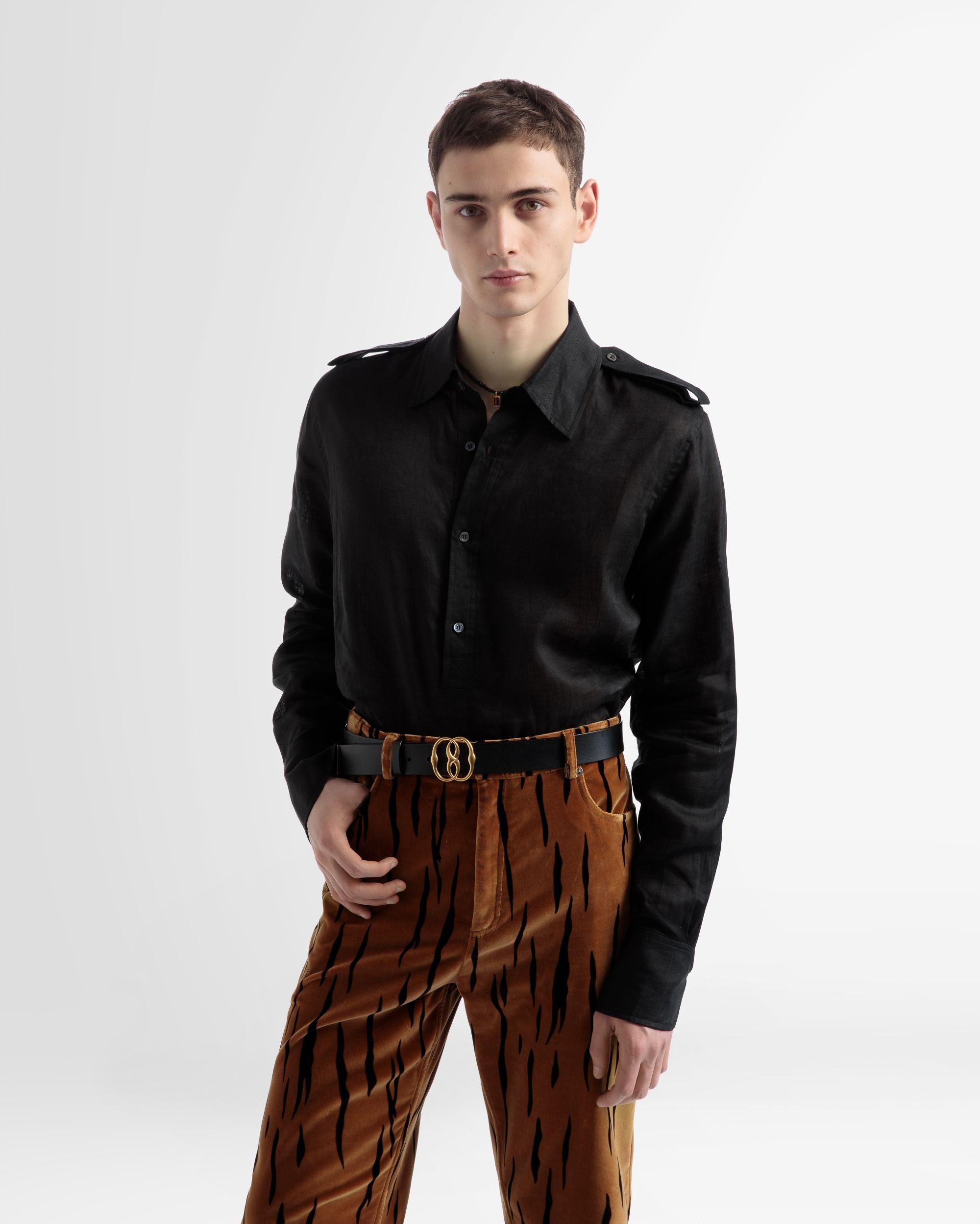 Chemise Col Tunisien En Lin Noir - Homme - Bally - 02