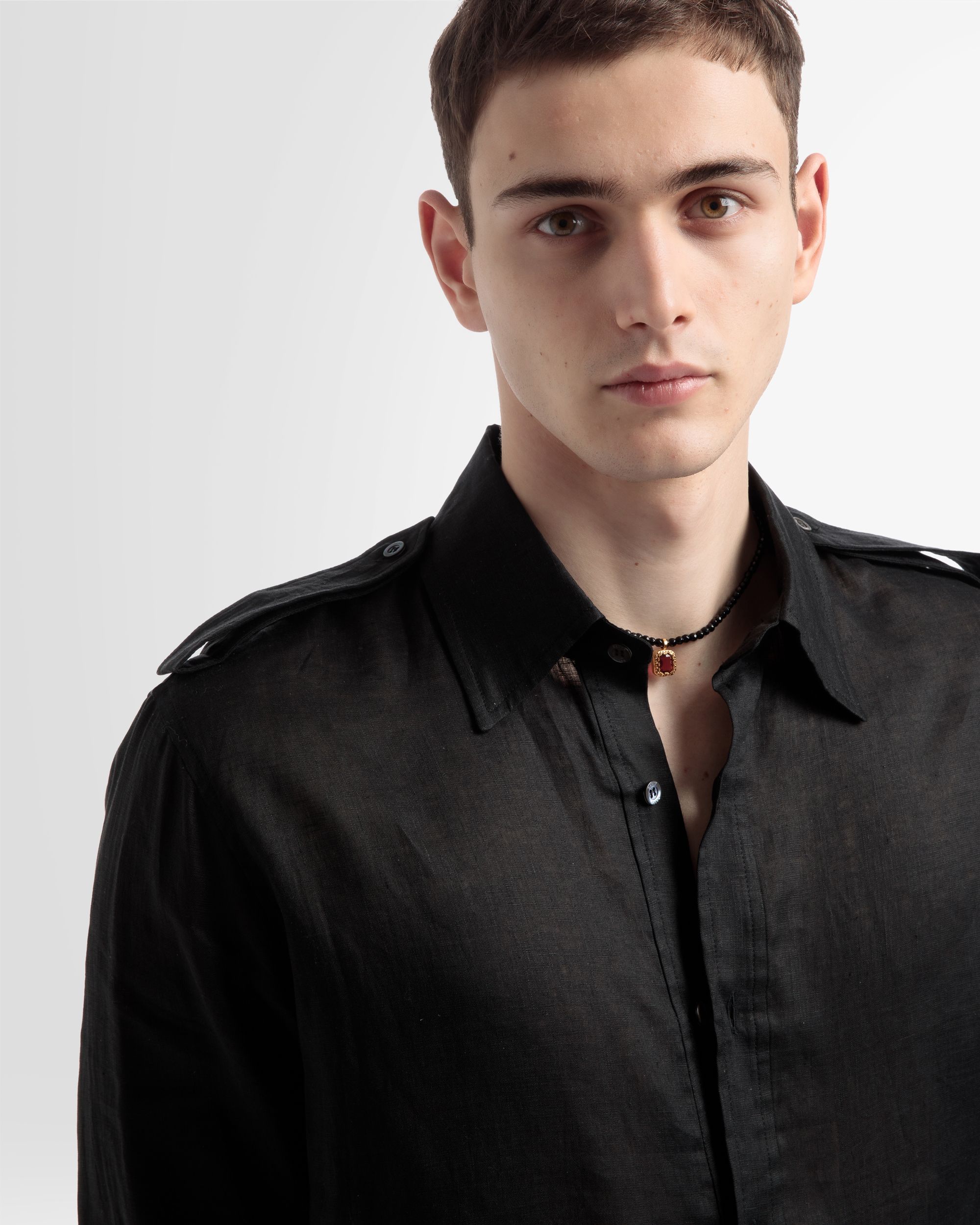 Chemise Col Tunisien En Lin Noir - Homme - Bally - 03