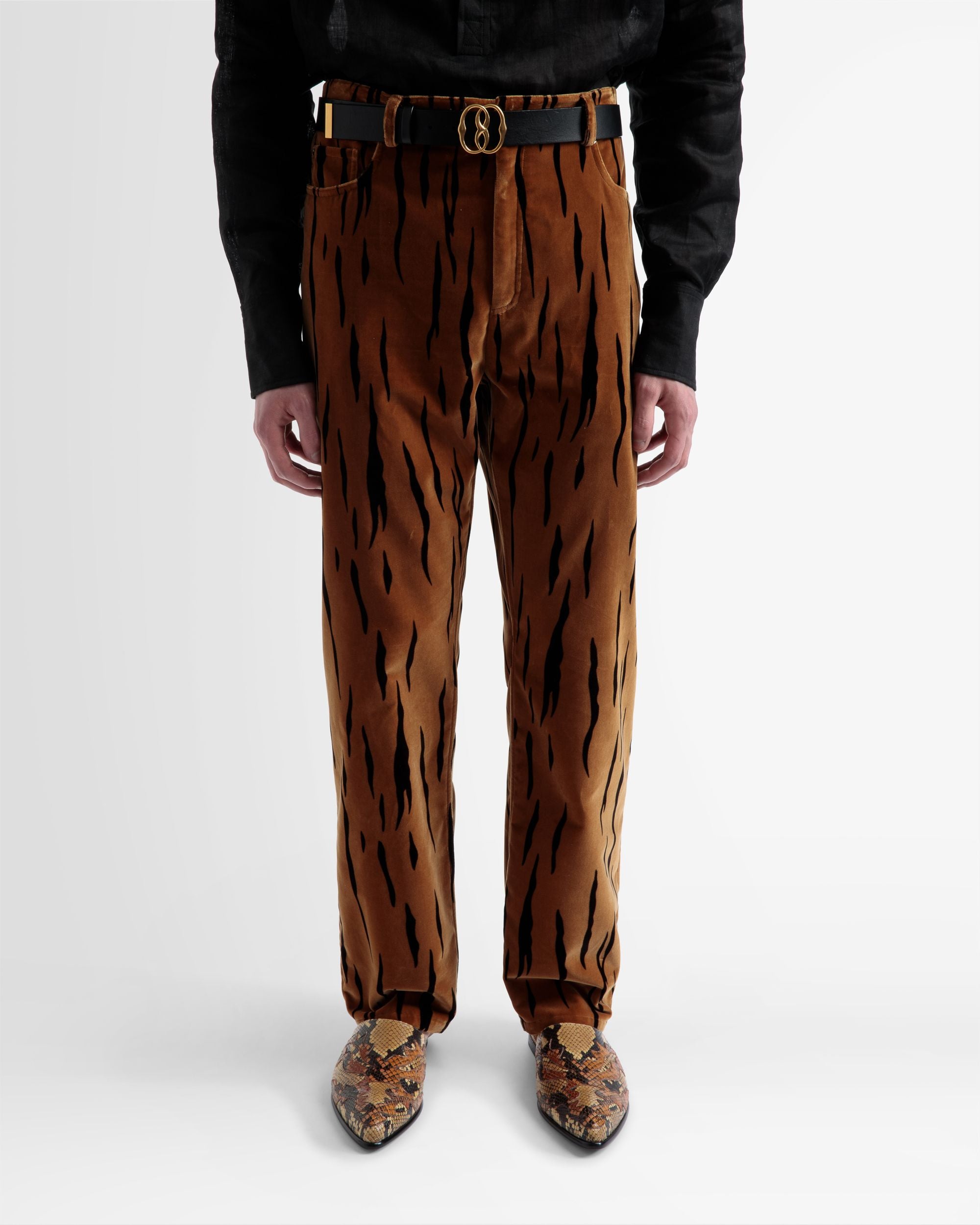 Pantalon Imprimé Tigre En Velours Noir Et Couleur Désert - Homme - Bally - 02