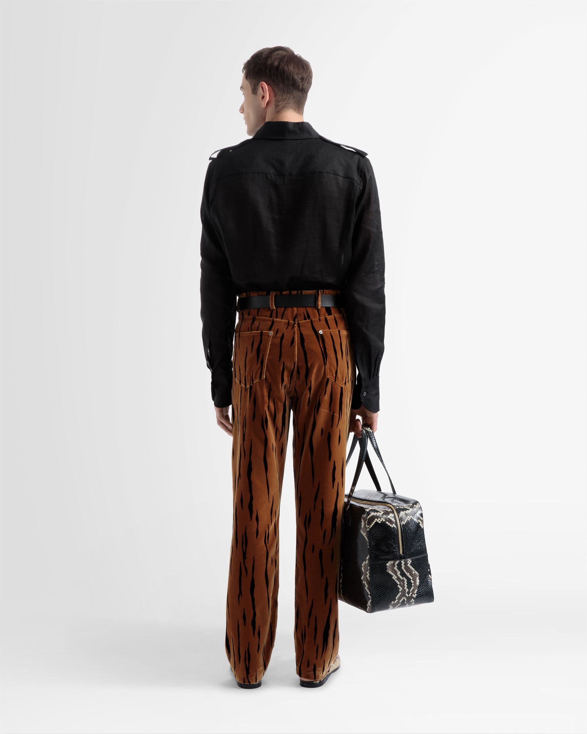 Pantalon Imprimé Tigre En Velours Noir Et Couleur Désert - Homme - Bally - 05