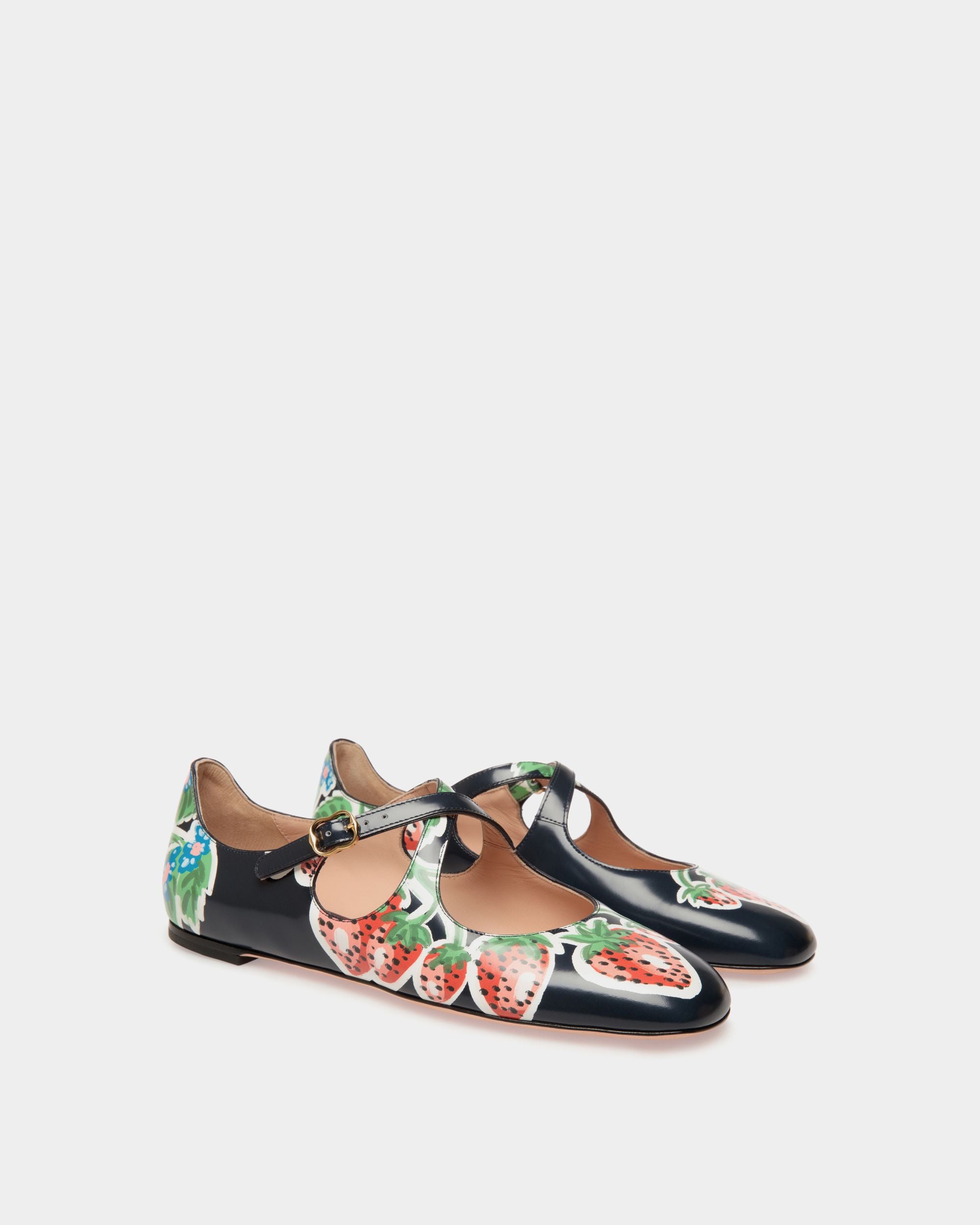 Chaussure À Talon Plat Ballyrina En Cuir Brossé Imprimé Strawberry - Femme - Bally - 03