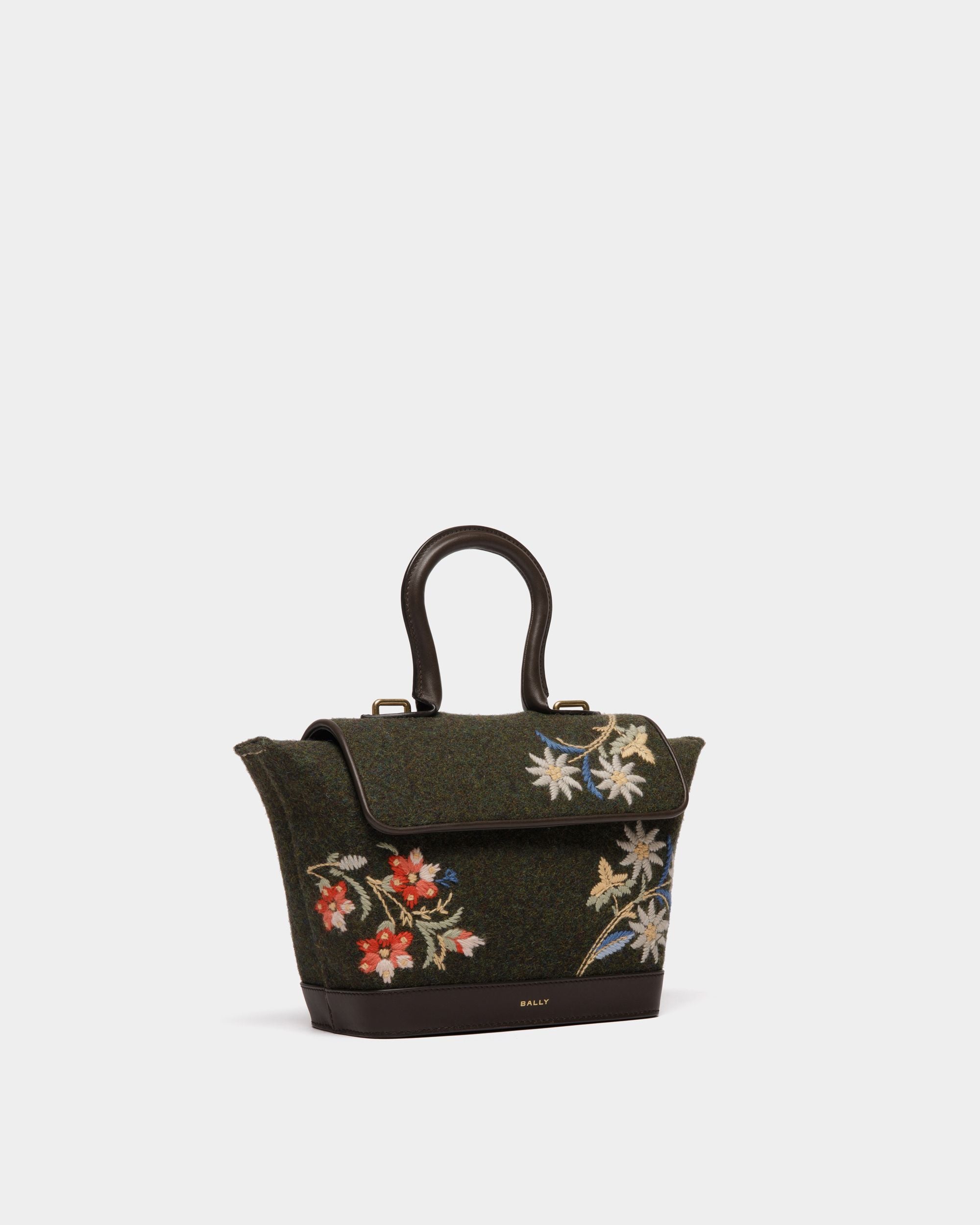 Sac À Main De La Capsule D’Hiver Doté De Anse Supérieure, En Laine Vert Foncé Et En Cuir Ebano, Orné De Fleurs Des Alpes - Femme - Bally - 04