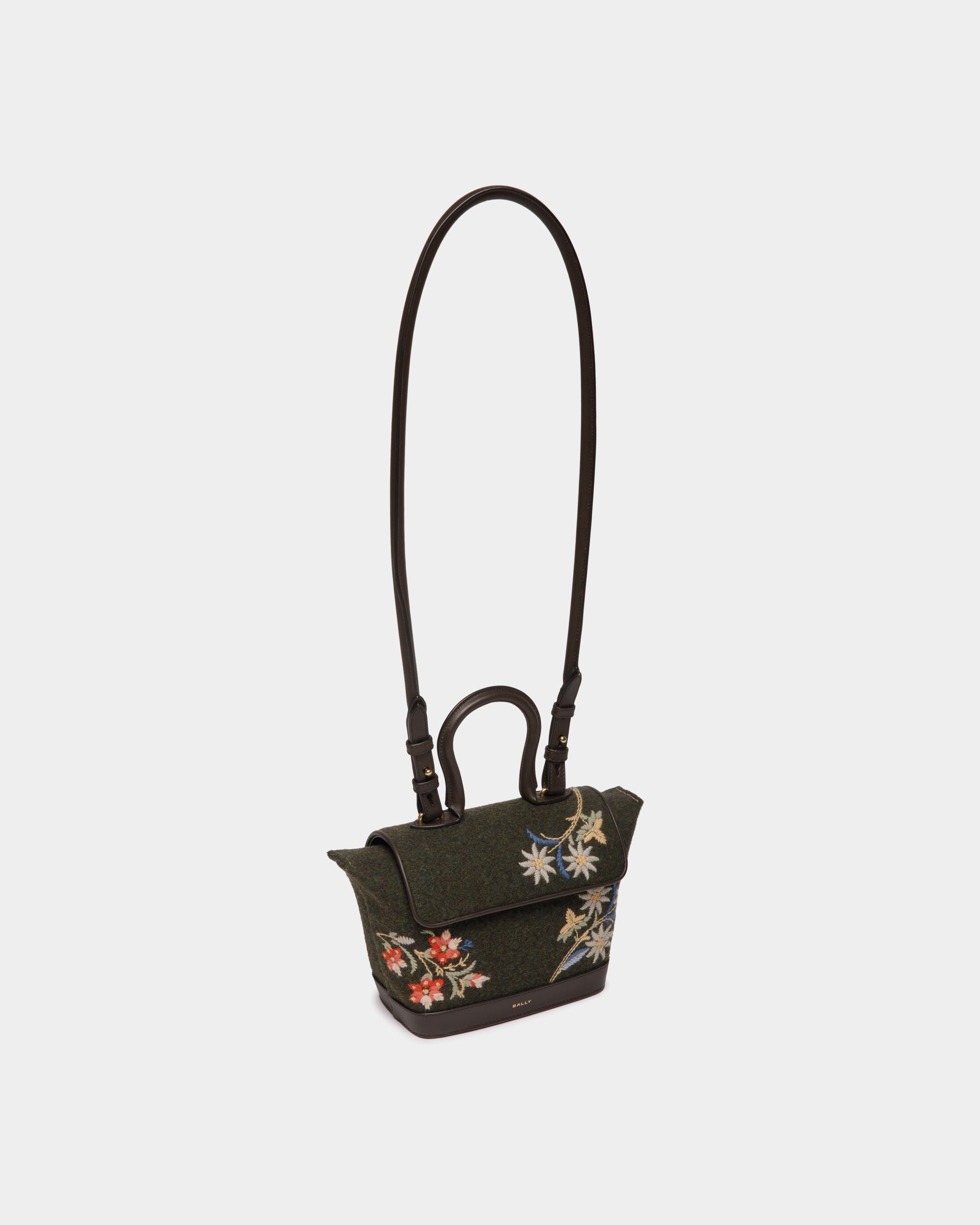 Sac À Main De La Capsule D’Hiver Doté De Anse Supérieure, En Laine Vert Foncé Et En Cuir Ebano, Orné De Fleurs Des Alpes - Femme - Bally - 05