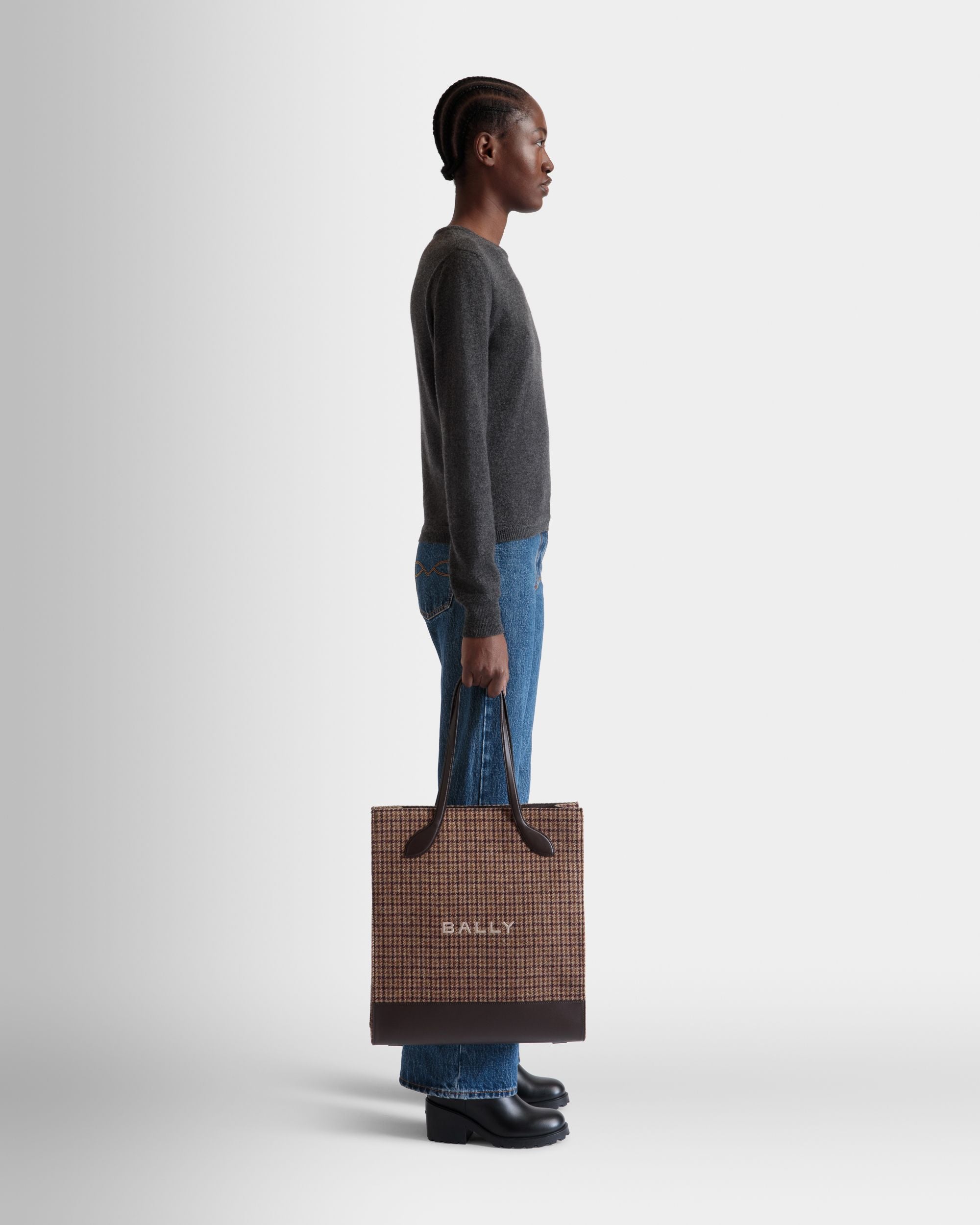 Sac Cabas Bar En Laine Et Cuir À Carreaux Multimarron - Femme - Bally - 02
