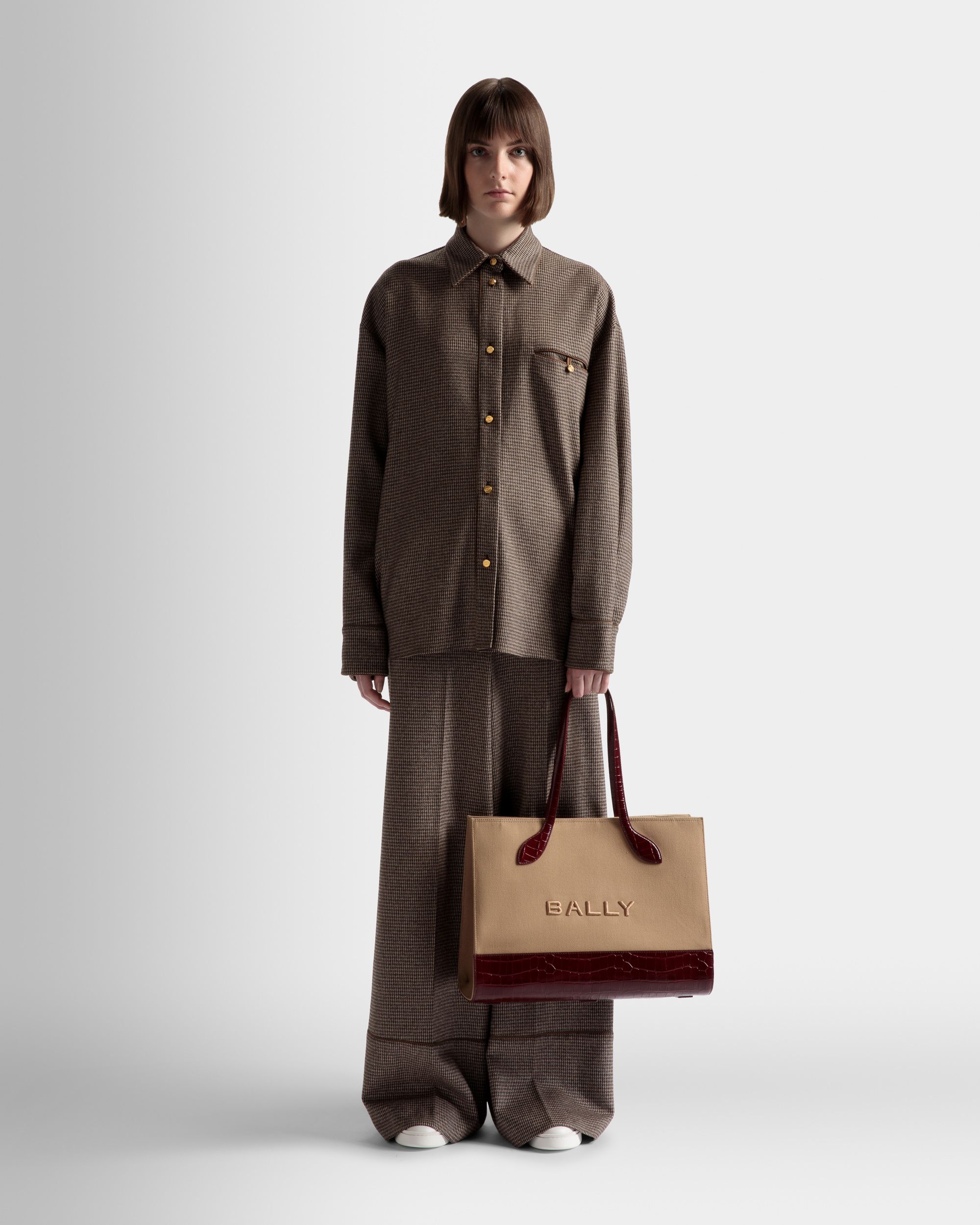 Sac Cabas Bar En Tissu Sable Et Bordeaux - Femme - Bally - 02