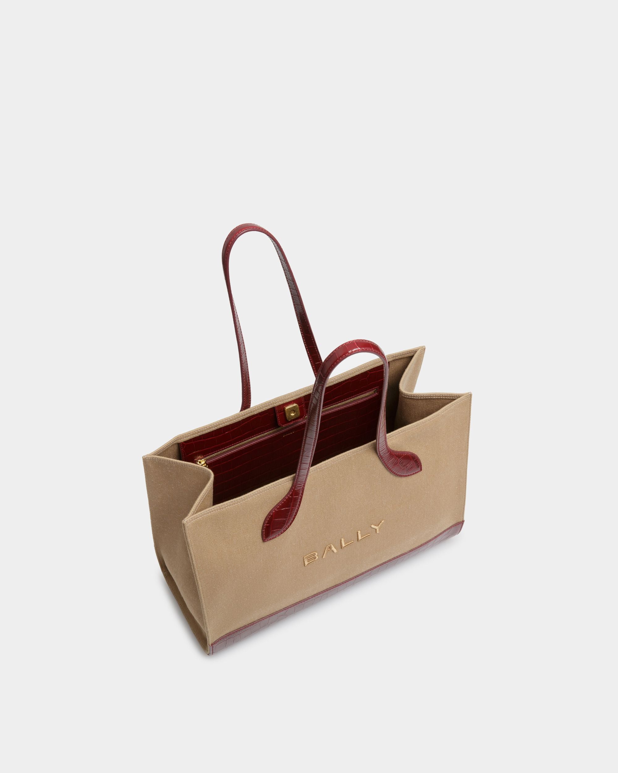 Sac Cabas Bar En Tissu Sable Et Bordeaux - Femme - Bally - 05