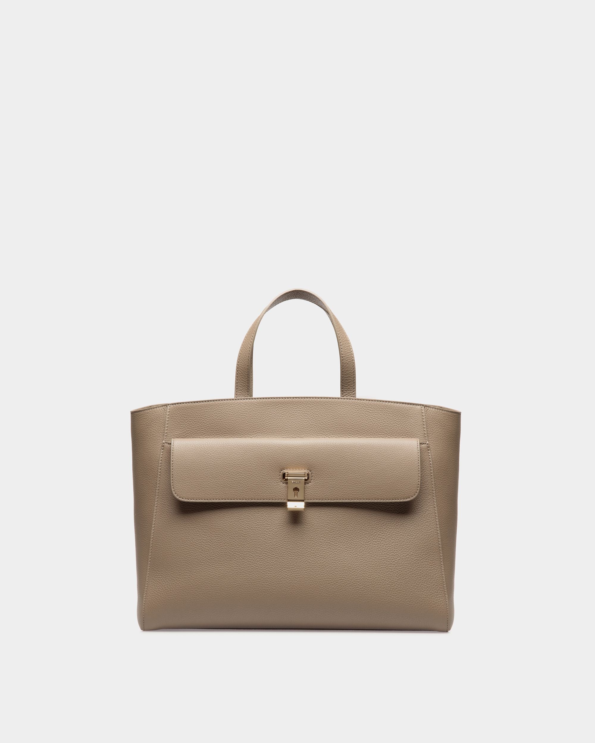 Sac Cabas Lock Me En Cuir Grainé Taupe - Femme - Bally - 01