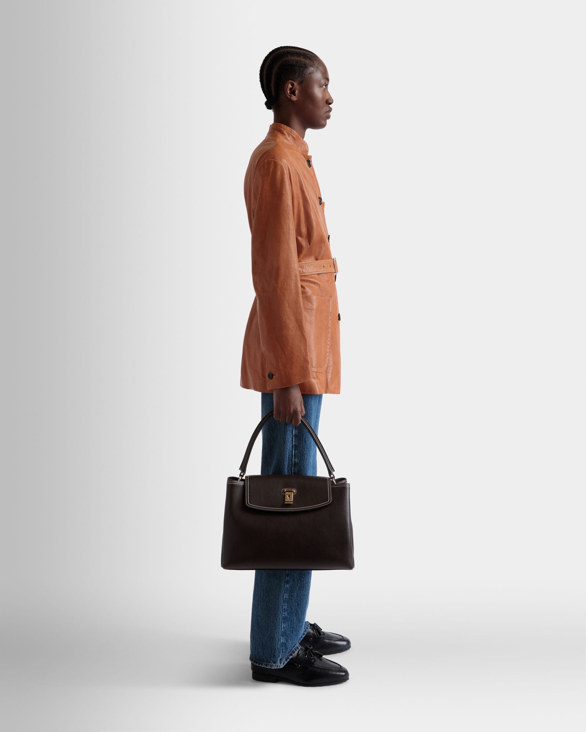Sac À Anse Supérieure Lock Me En Cuir Ebano - Femme - Bally - 02