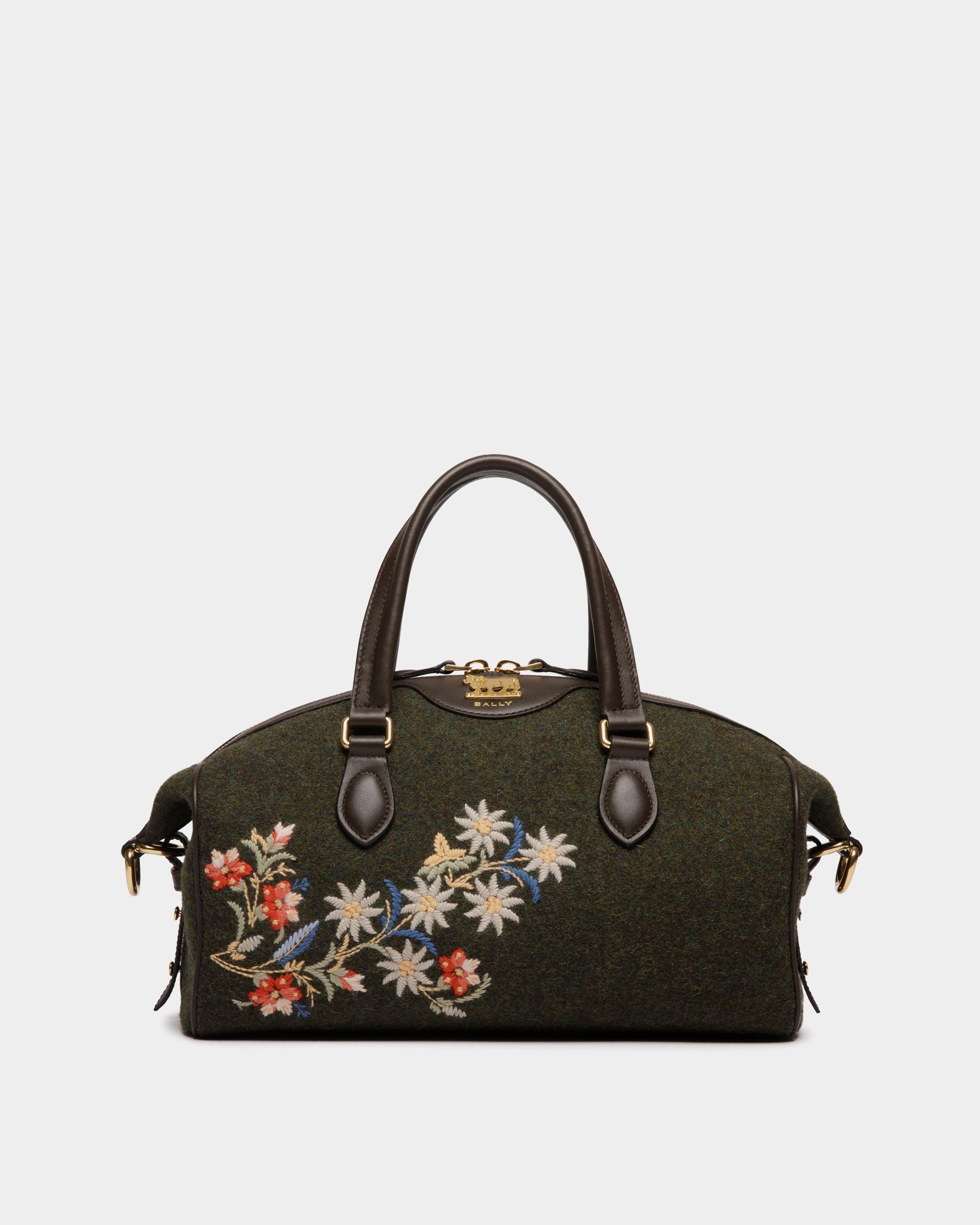 Sac À Main De La Capsule D'hiver, Doté De Anse Supérieure, Confectionné En Laine Et En Cuir Ebano Et Vert Foncé Et Orné De Fleurs Des Alpes - Femme - Bally - 01