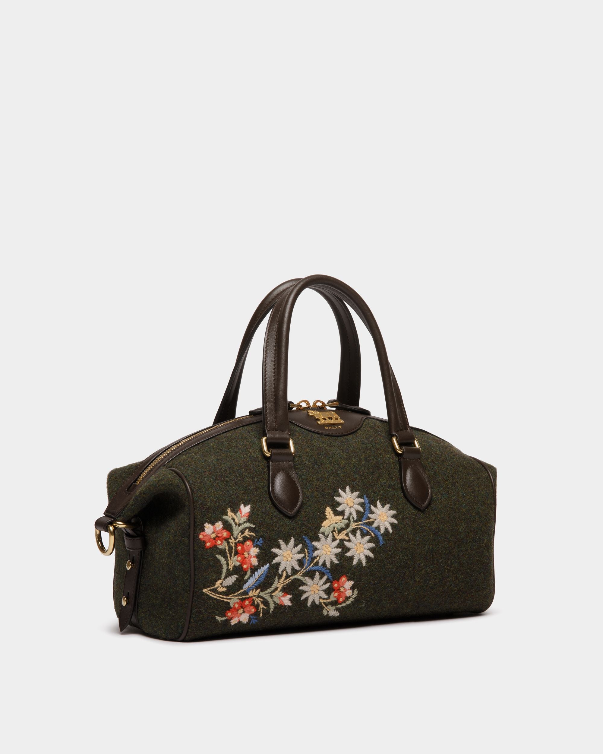 Sac À Main De La Capsule D'hiver, Doté De Anse Supérieure, Confectionné En Laine Et En Cuir Ebano Et Vert Foncé Et Orné De Fleurs Des Alpes - Femme - Bally - 04