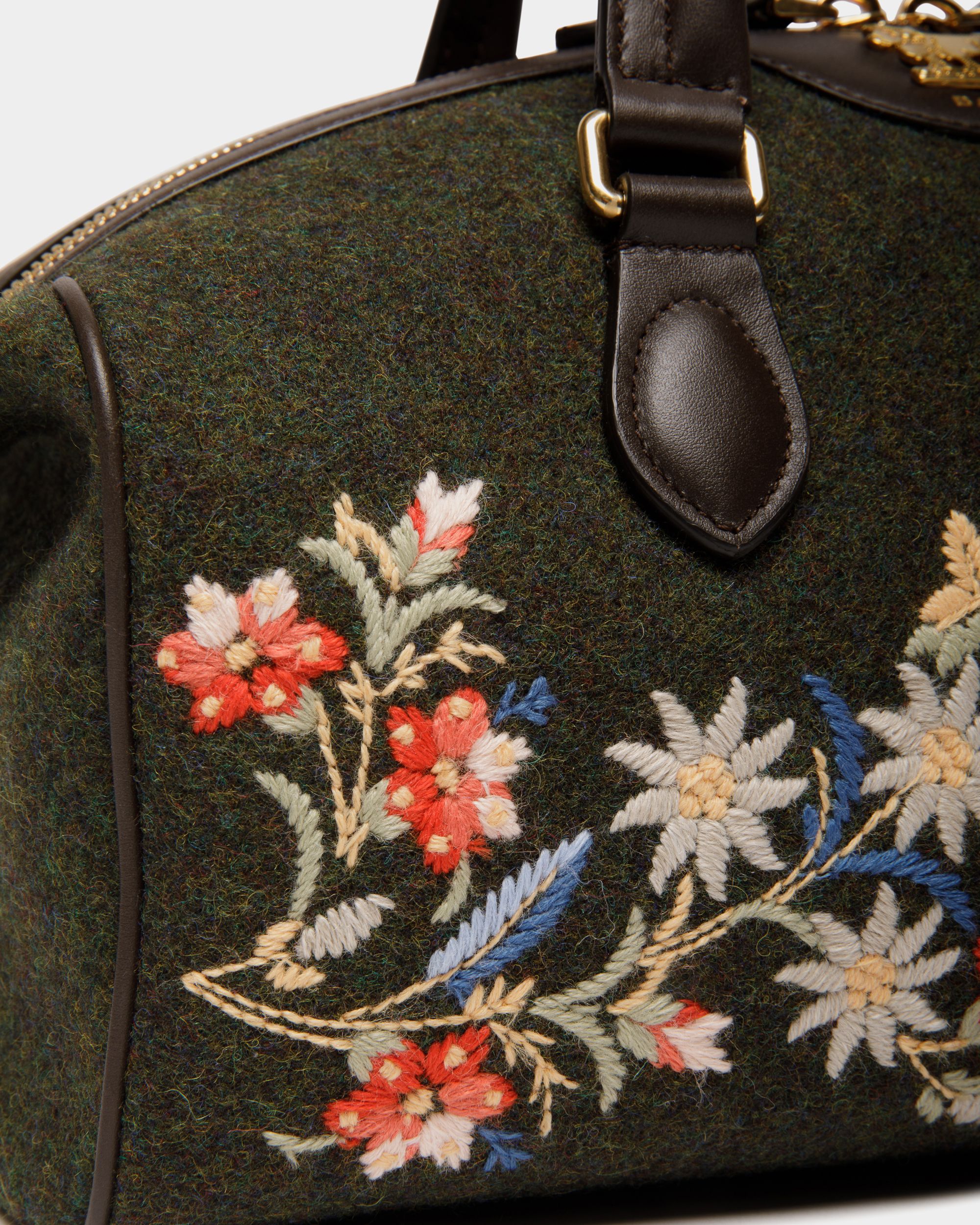 Sac À Main De La Capsule D'hiver, Doté De Anse Supérieure, Confectionné En Laine Et En Cuir Ebano Et Vert Foncé Et Orné De Fleurs Des Alpes - Femme - Bally - 05