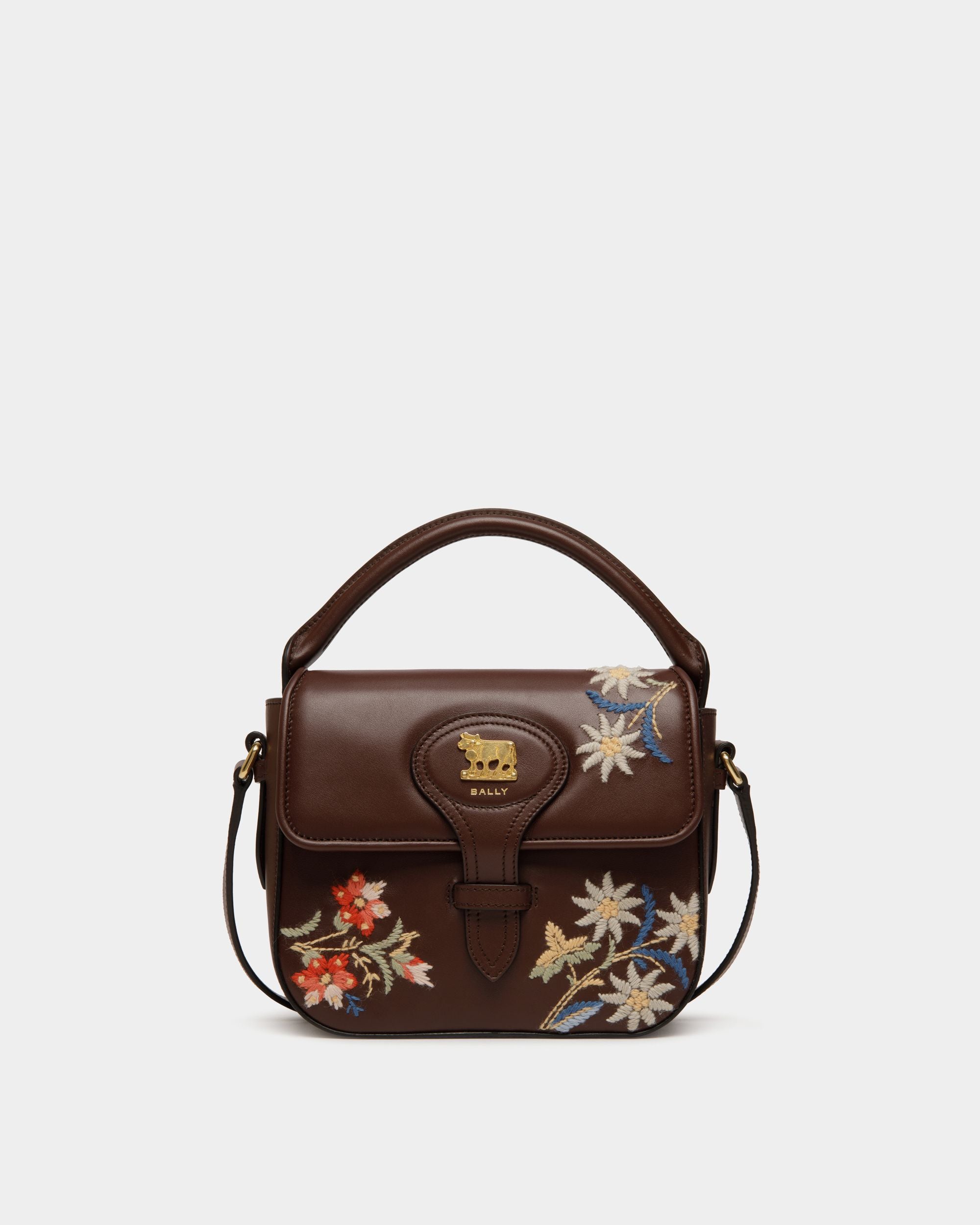 Mini Sac De La Capsule D’hiver En Cuir Châtain Orné De Fleurs Des Alpes - Femme - Bally - 01
