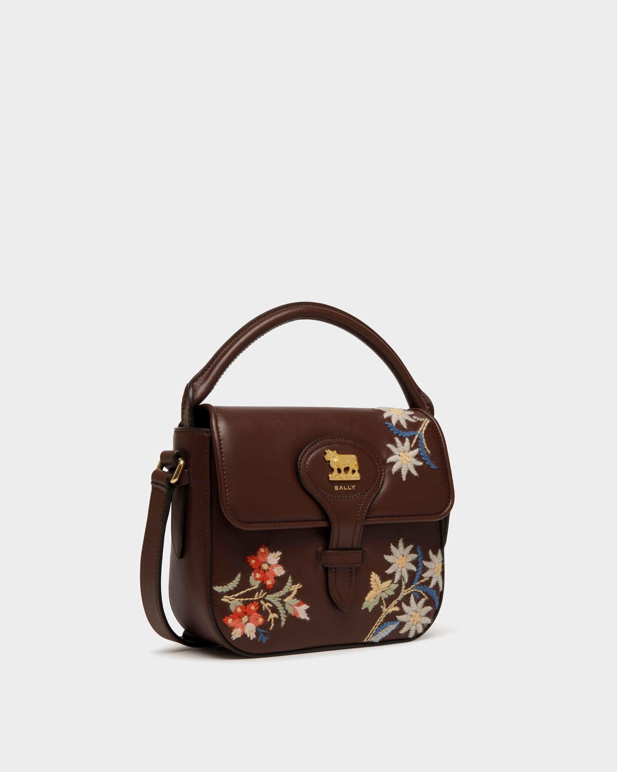 Mini Sac De La Capsule D’hiver En Cuir Châtain Orné De Fleurs Des Alpes - Femme - Bally - 04