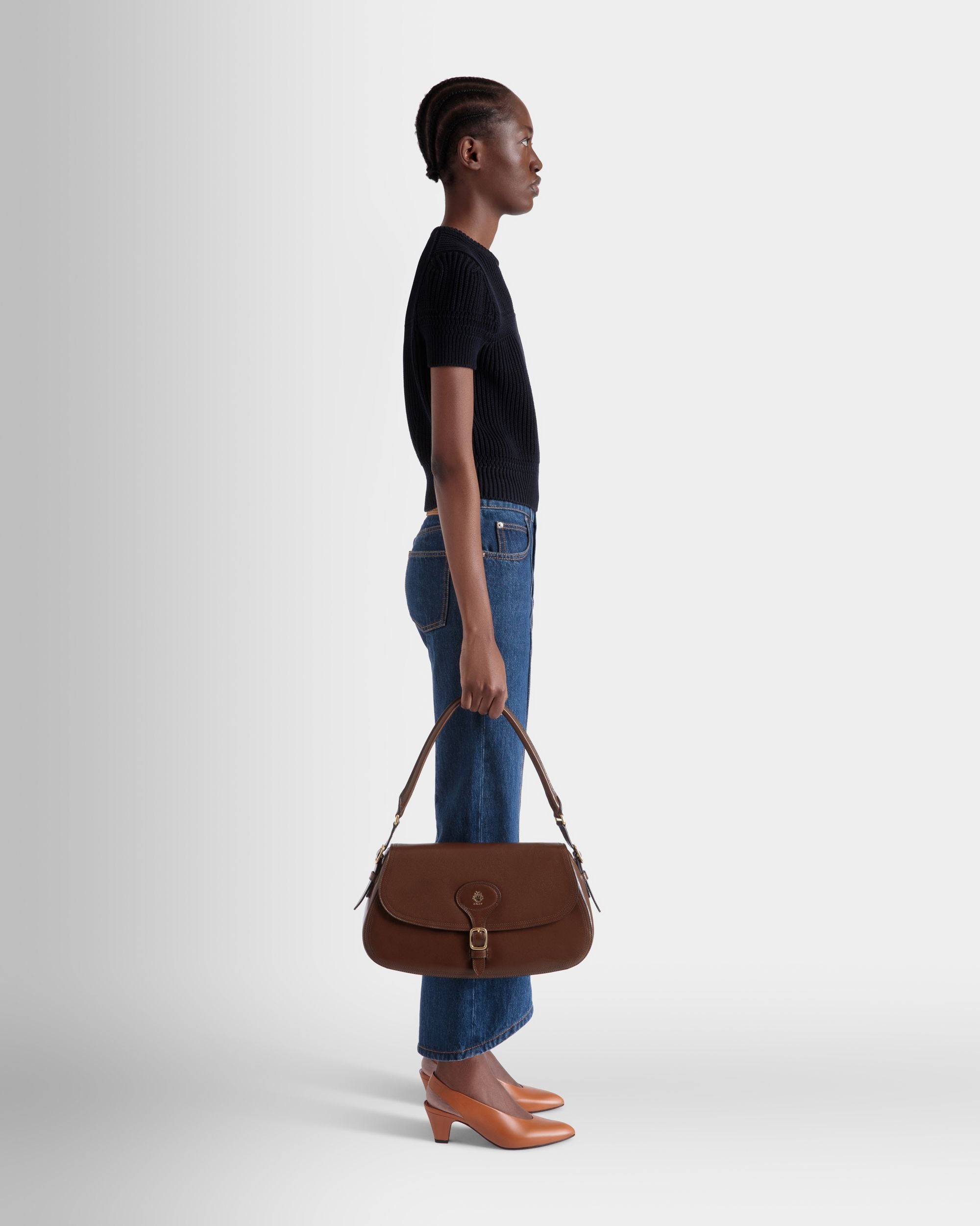 Sac D’épaule Beckett En Cuir Marron Glacé - Femme - Bally - 02