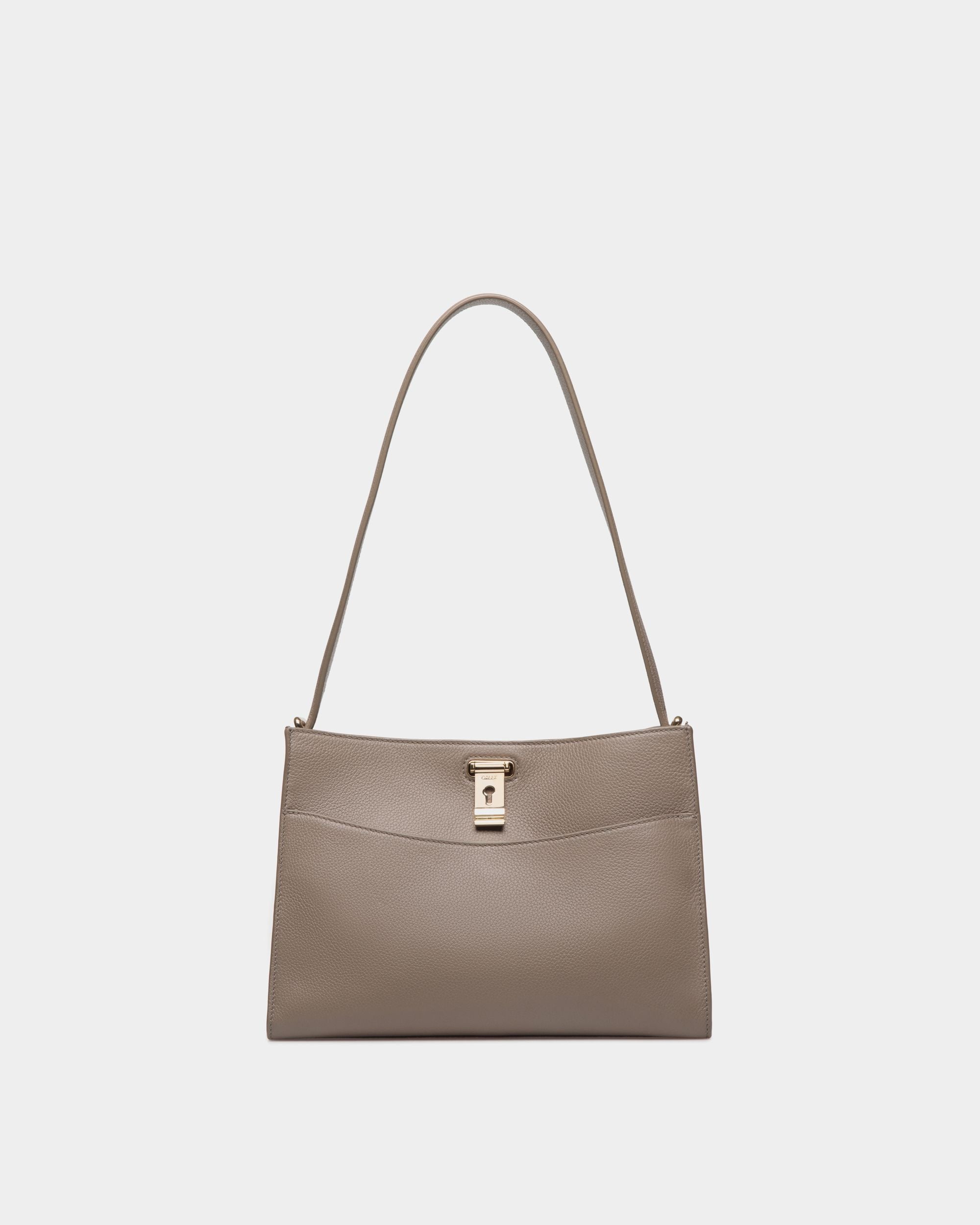 Sac D’épaule Lock Me En Cuir Grainé Taupe - Femme - Bally - 01