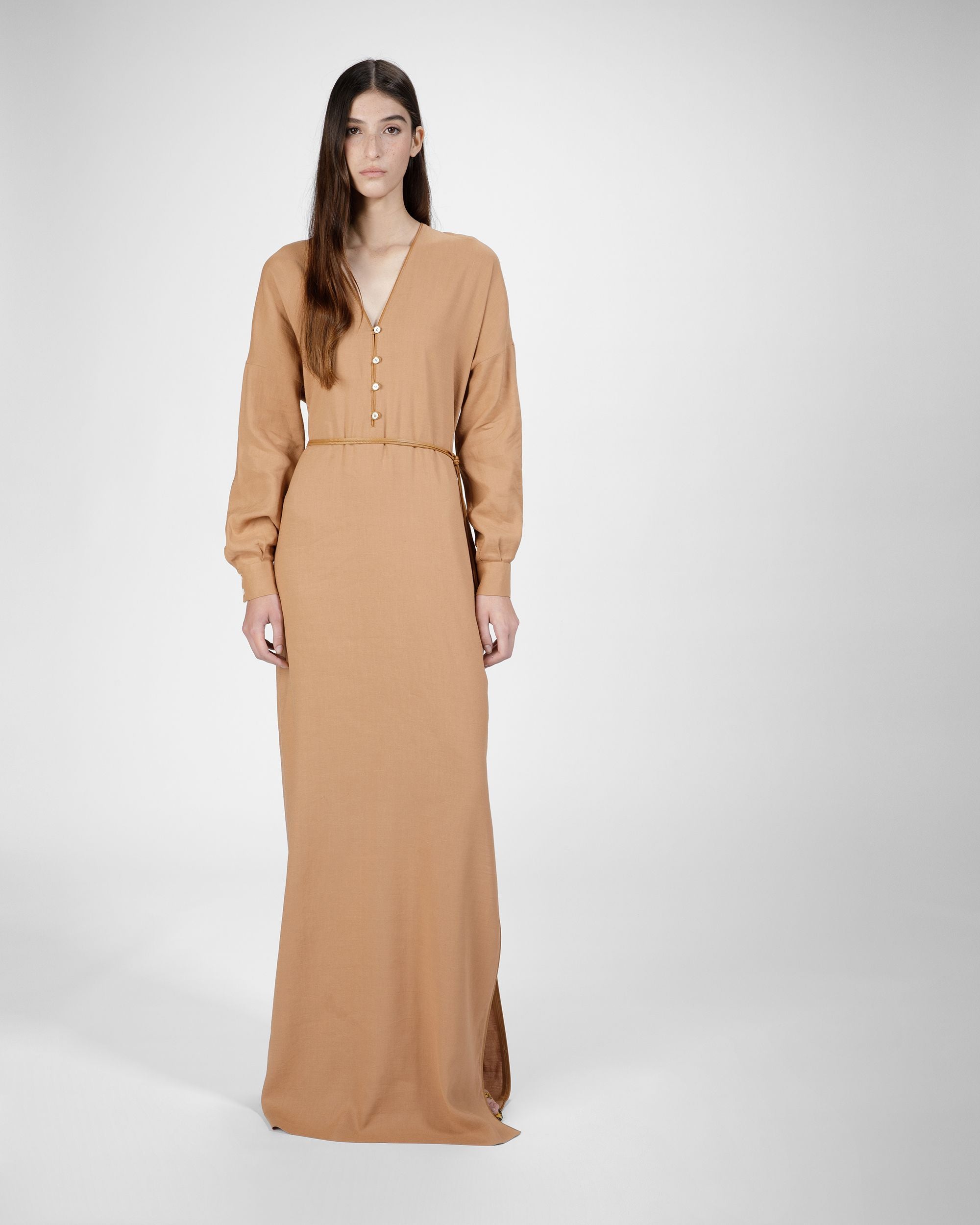 Maxi Robe En Lin À Manches Longues De Couleur Désert - Femme - Bally - 01