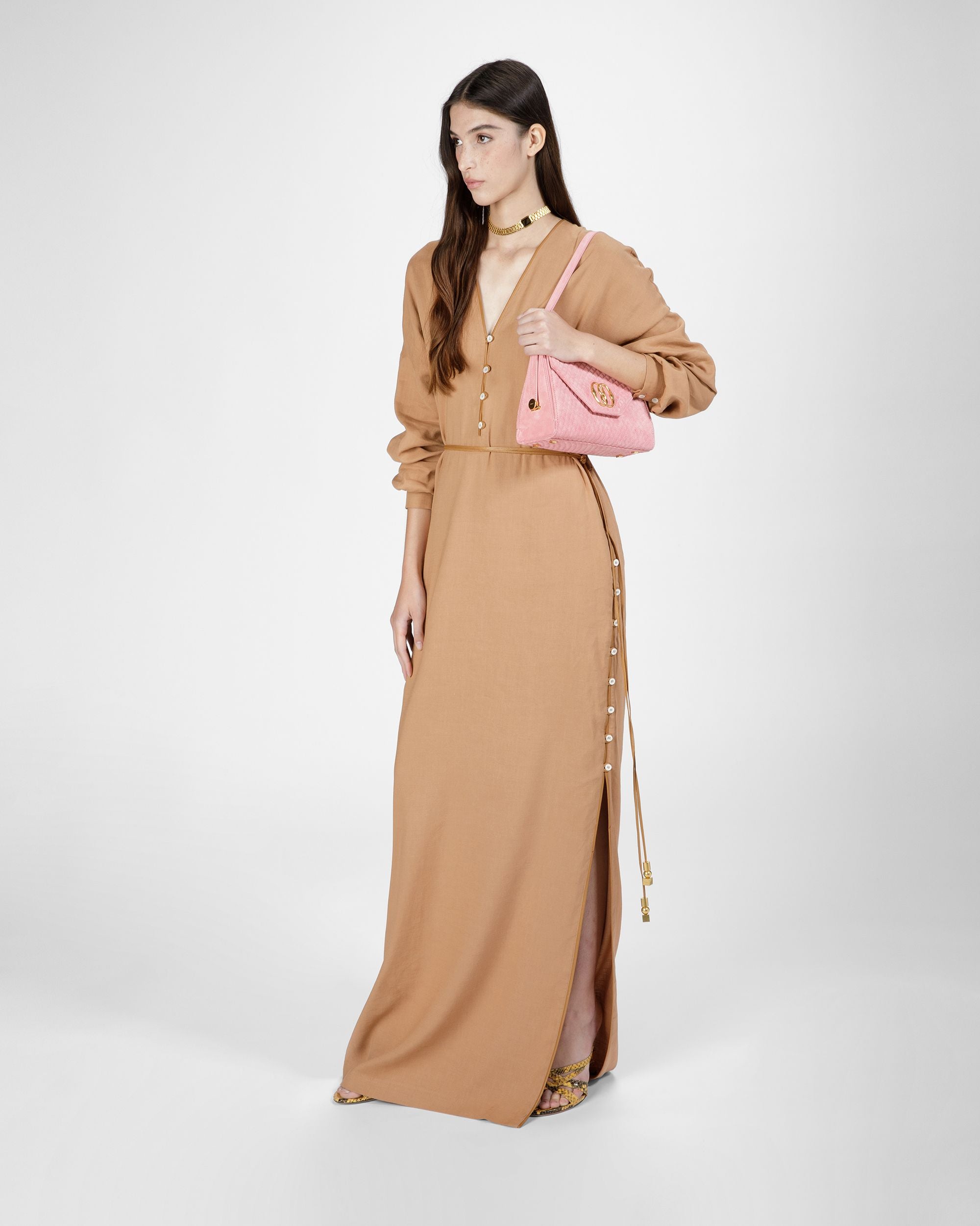 Maxi Robe En Lin À Manches Longues De Couleur Désert - Femme - Bally - 04