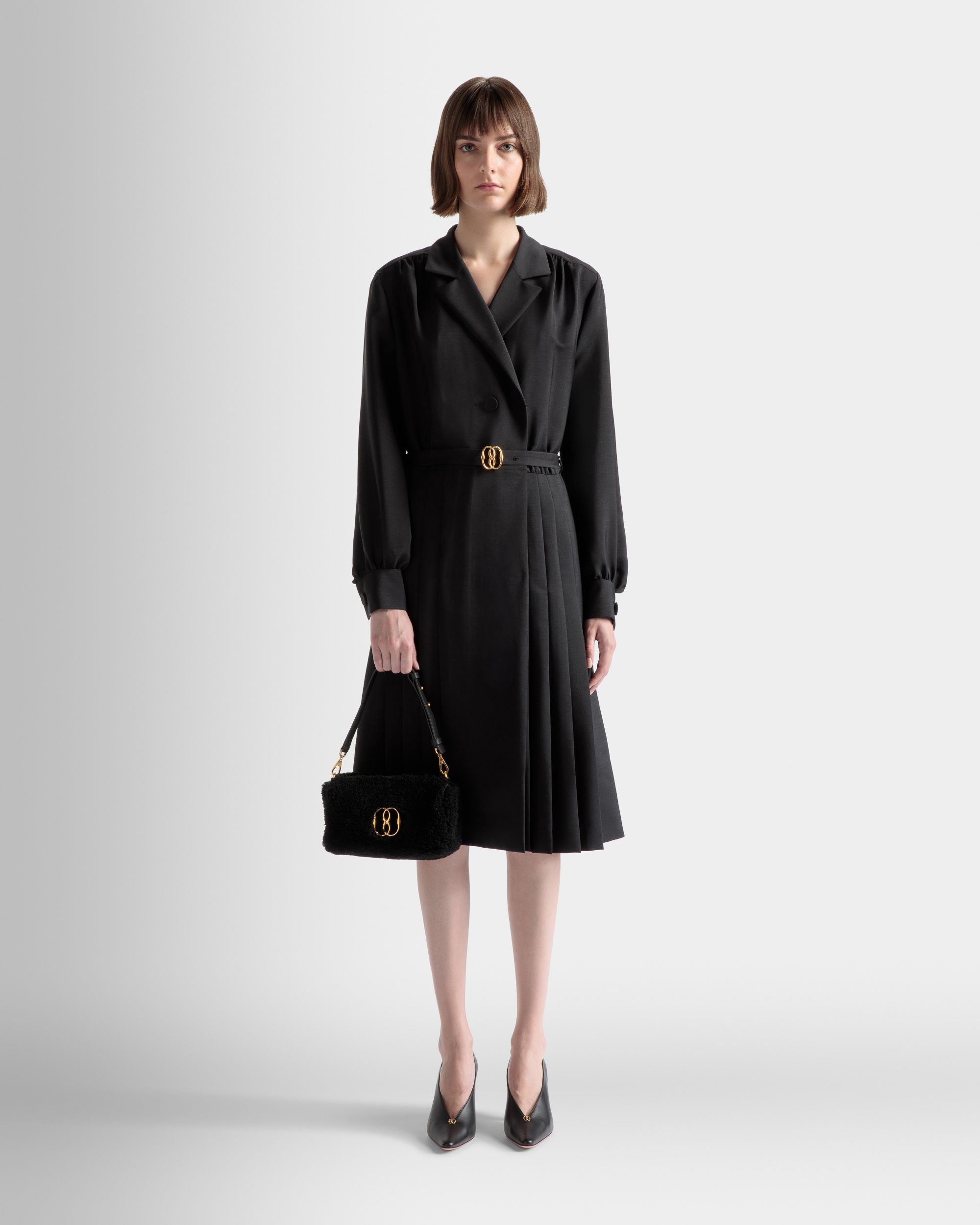 Robe Ceinturée Emblem En Laine De Mohair Mélangée Noire - Femme - Bally - 02