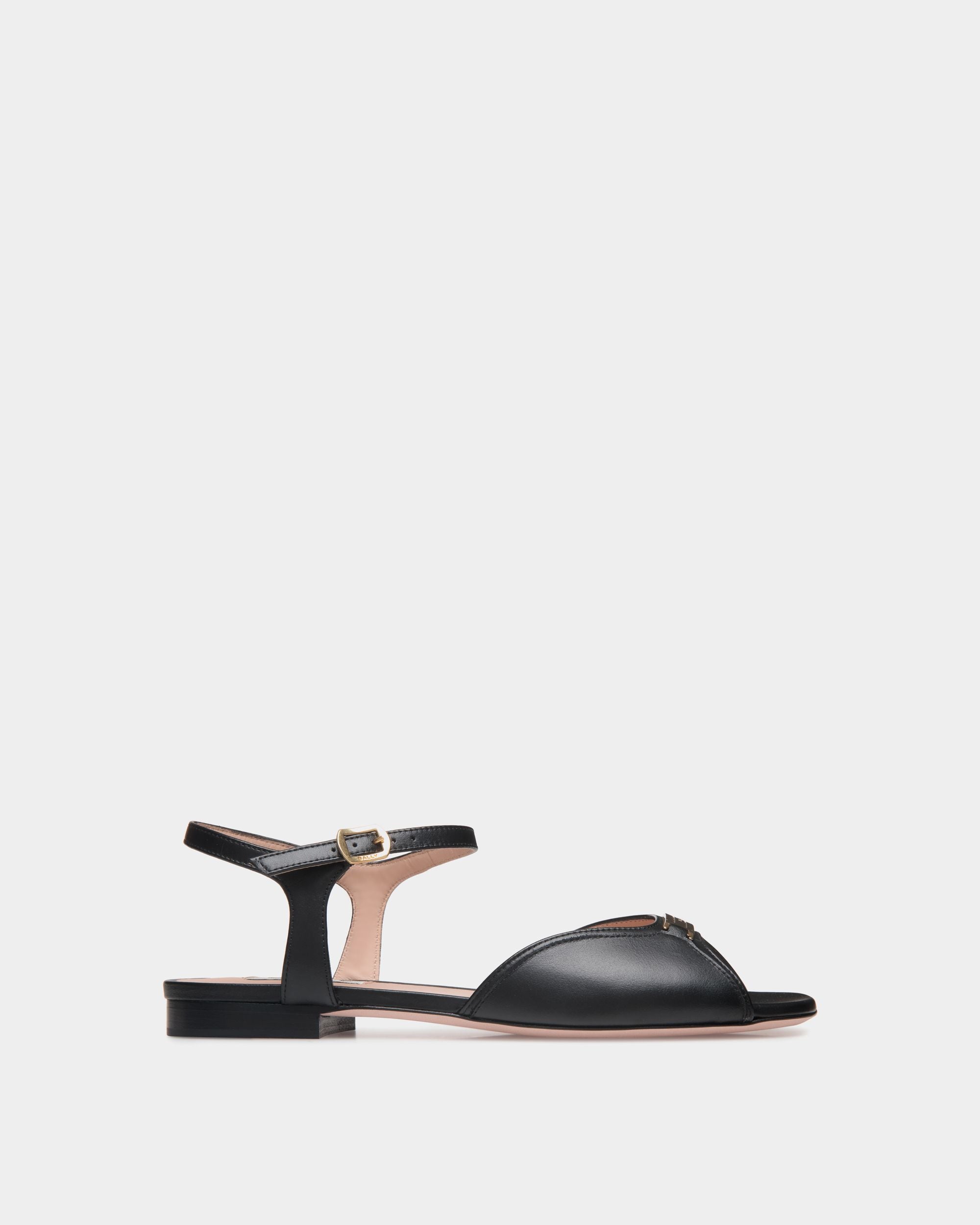 Sandale À Talon Plat Deco En Cuir Noir - Femme - Bally - 01