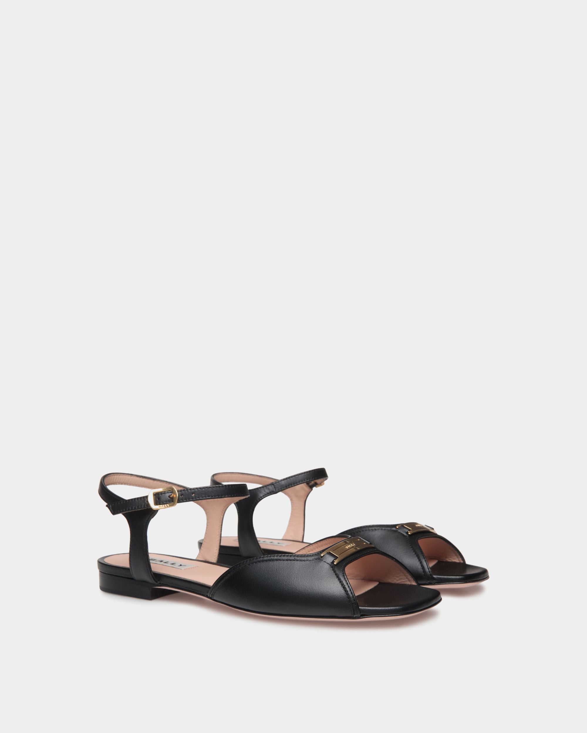 Sandale À Talon Plat Deco En Cuir Noir - Femme - Bally - 03