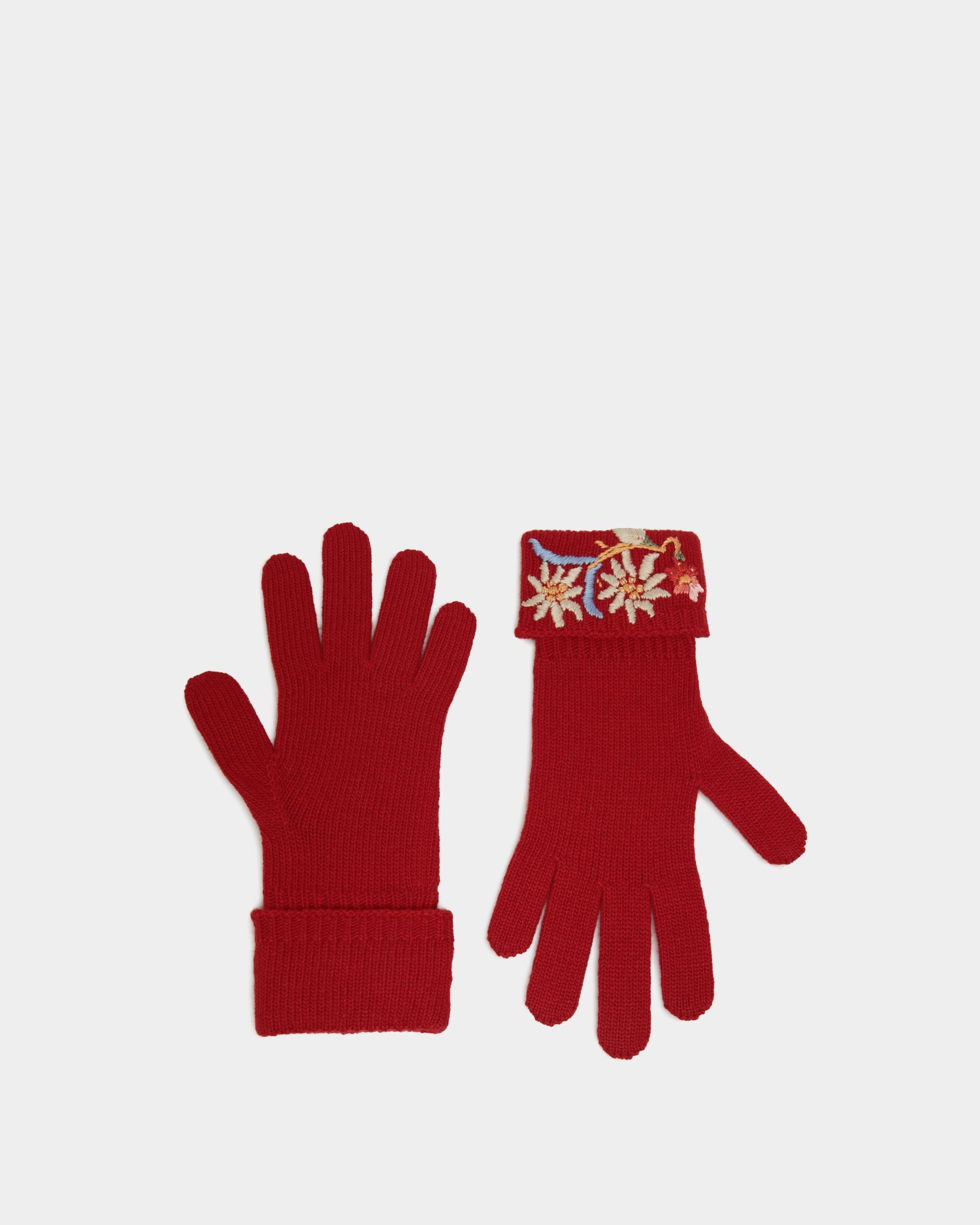 Gants De La Capsule D’hiver En Laine Rouge Ornés De Fleurs Des Alpes - Femme - Bally - 01