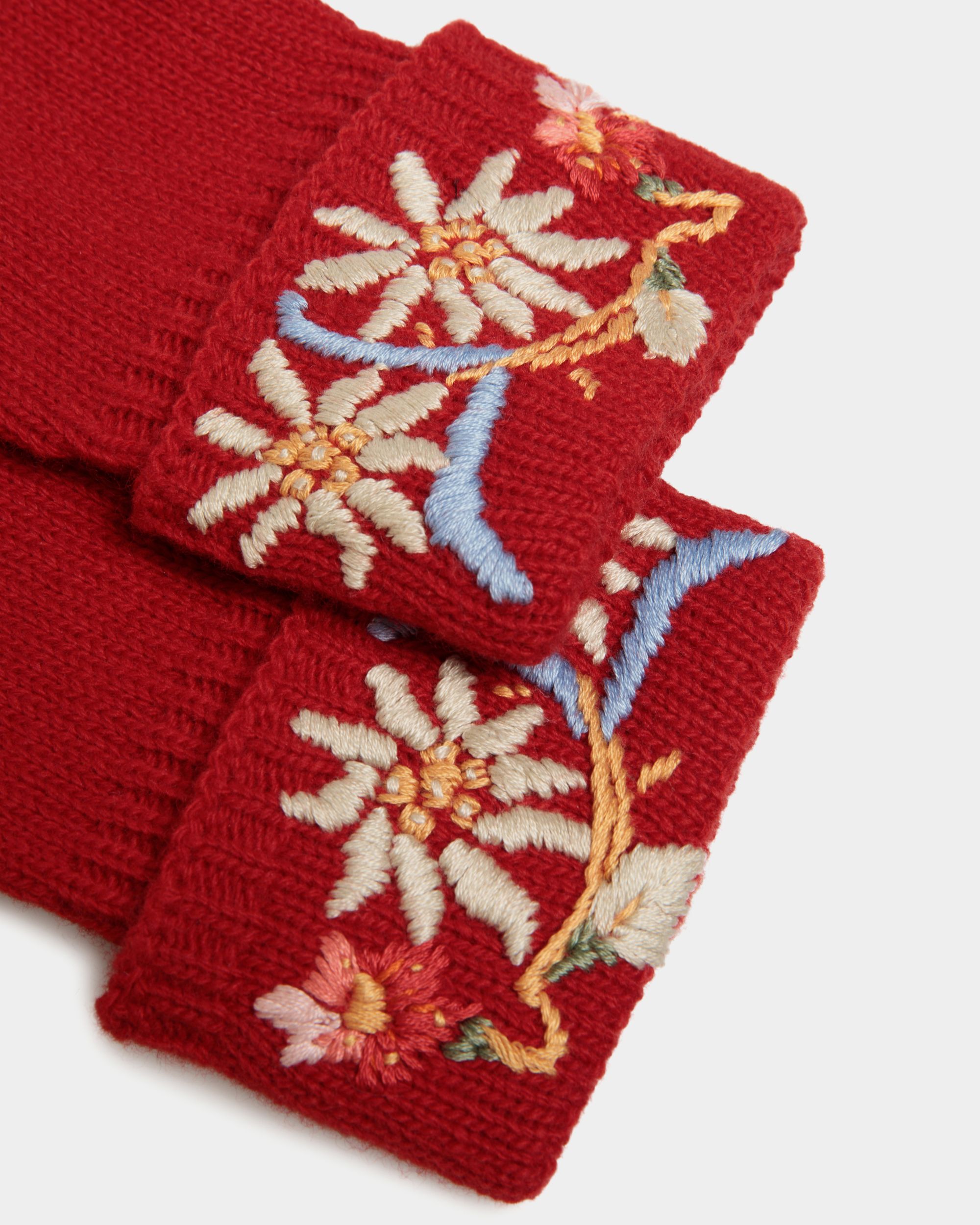 Gants De La Capsule D’hiver En Laine Rouge Ornés De Fleurs Des Alpes - Femme - Bally - 02