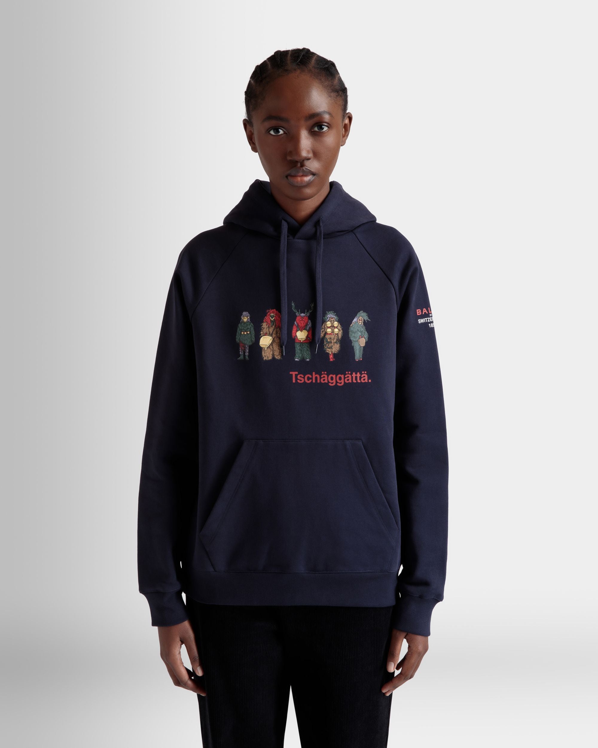 Hoodie with Forest Mask Print In Navy Blue Cotton - Femme - Bally - 03