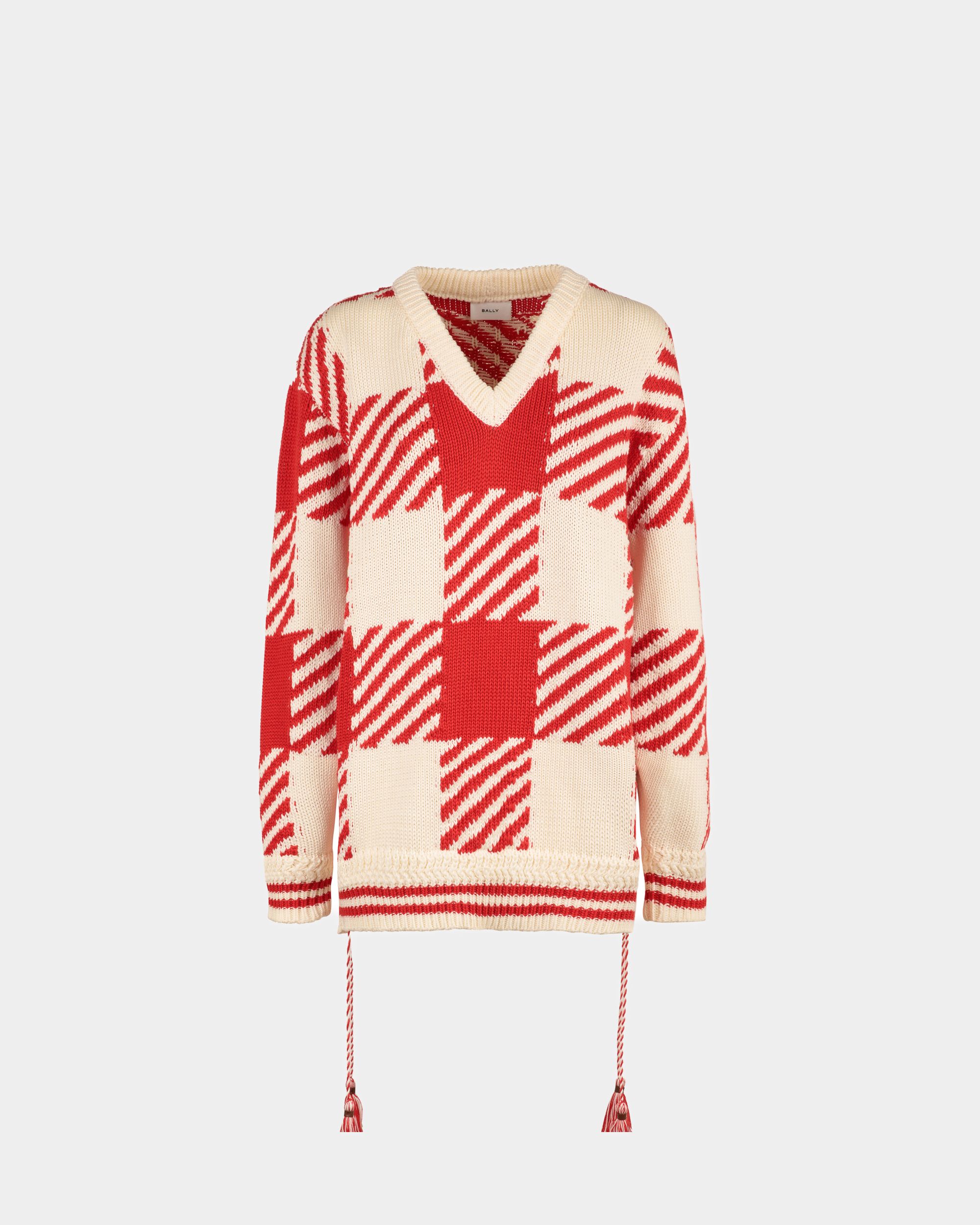 Pull À Col En V En Coton Beige Et Rouge - Femme - Bally - 01