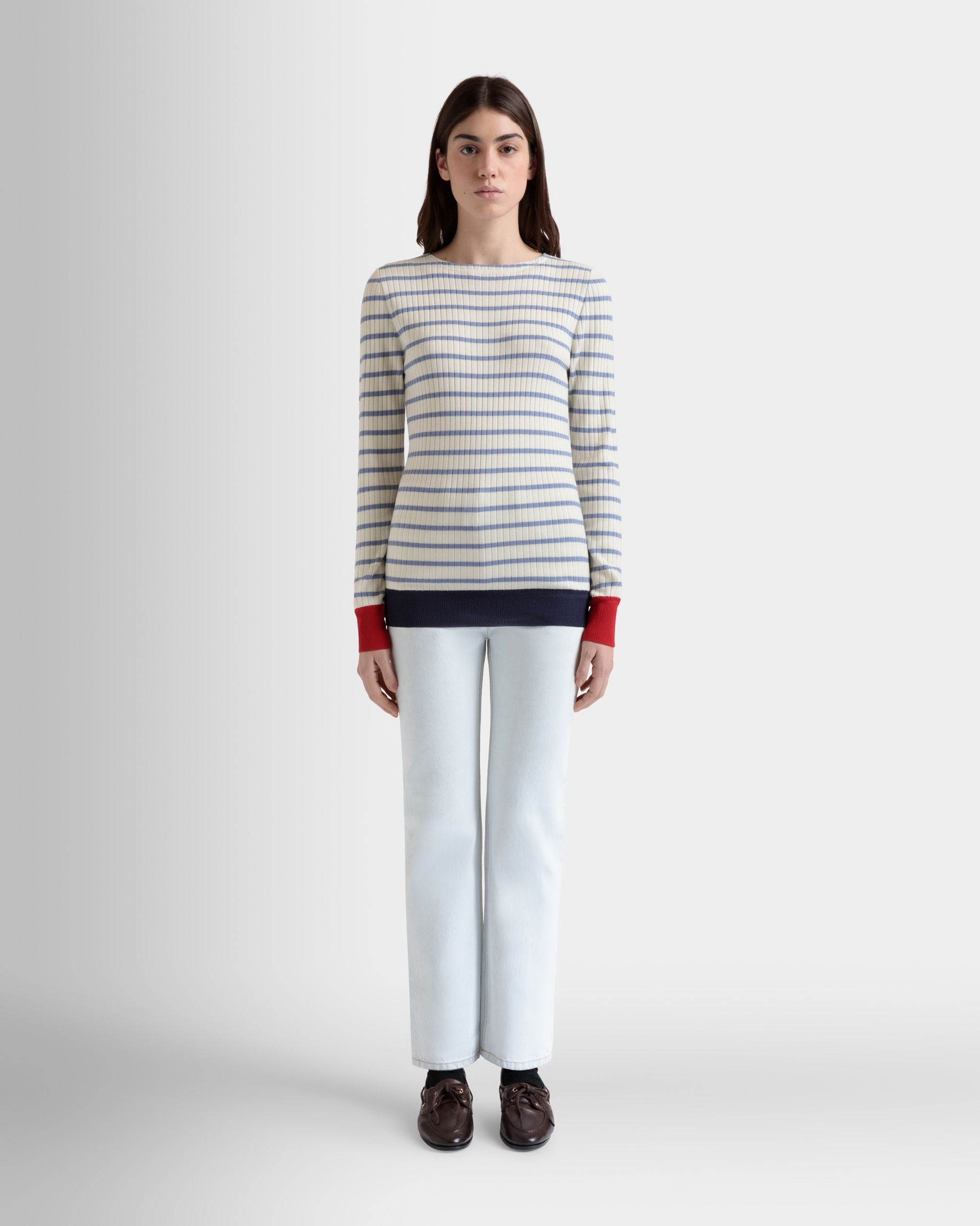 Top À Manches Longues En Laine Mélangée Ivoire Et Light Blue - Femme - Bally - 02