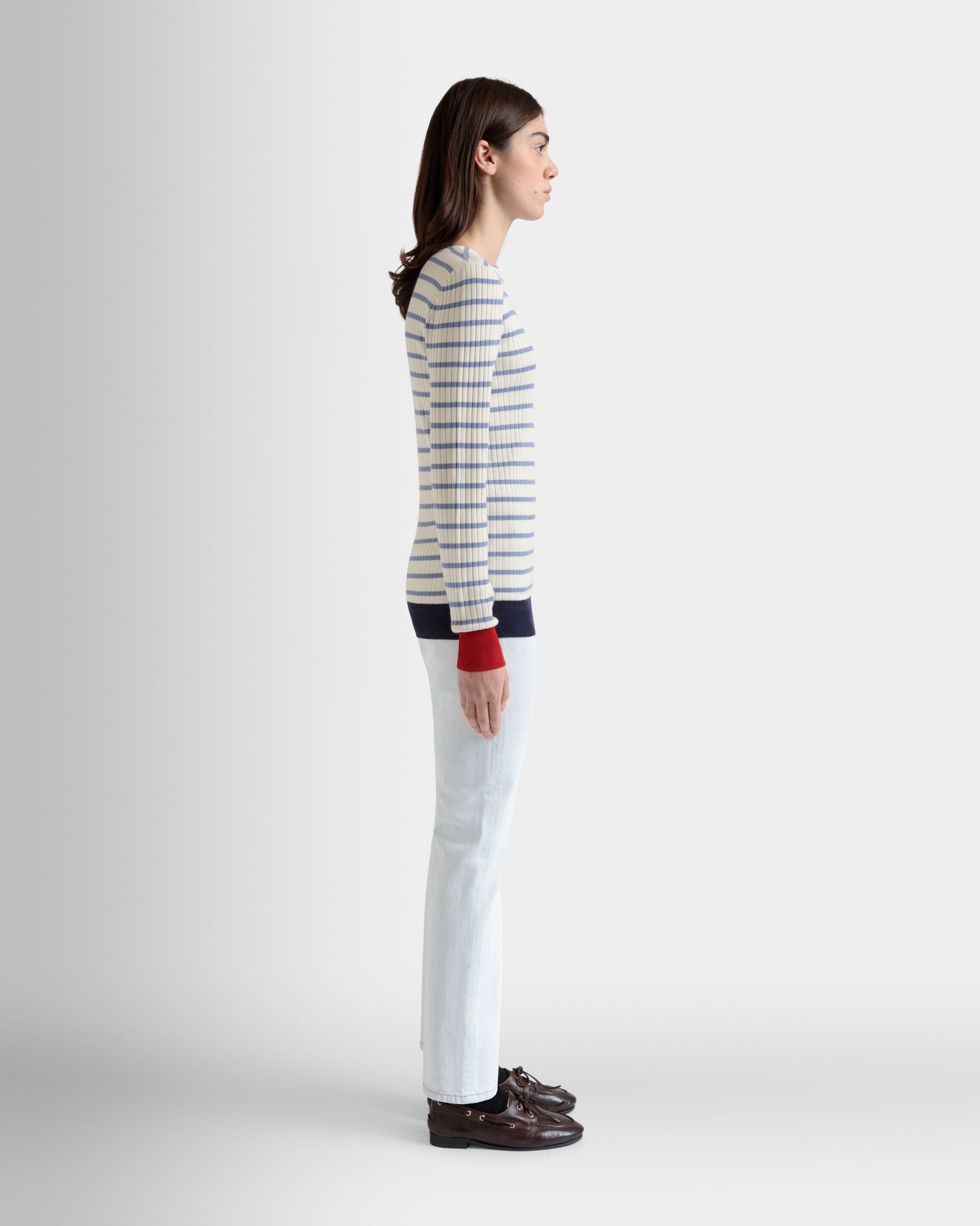 Top À Manches Longues En Laine Mélangée Ivoire Et Light Blue - Femme - Bally - 05