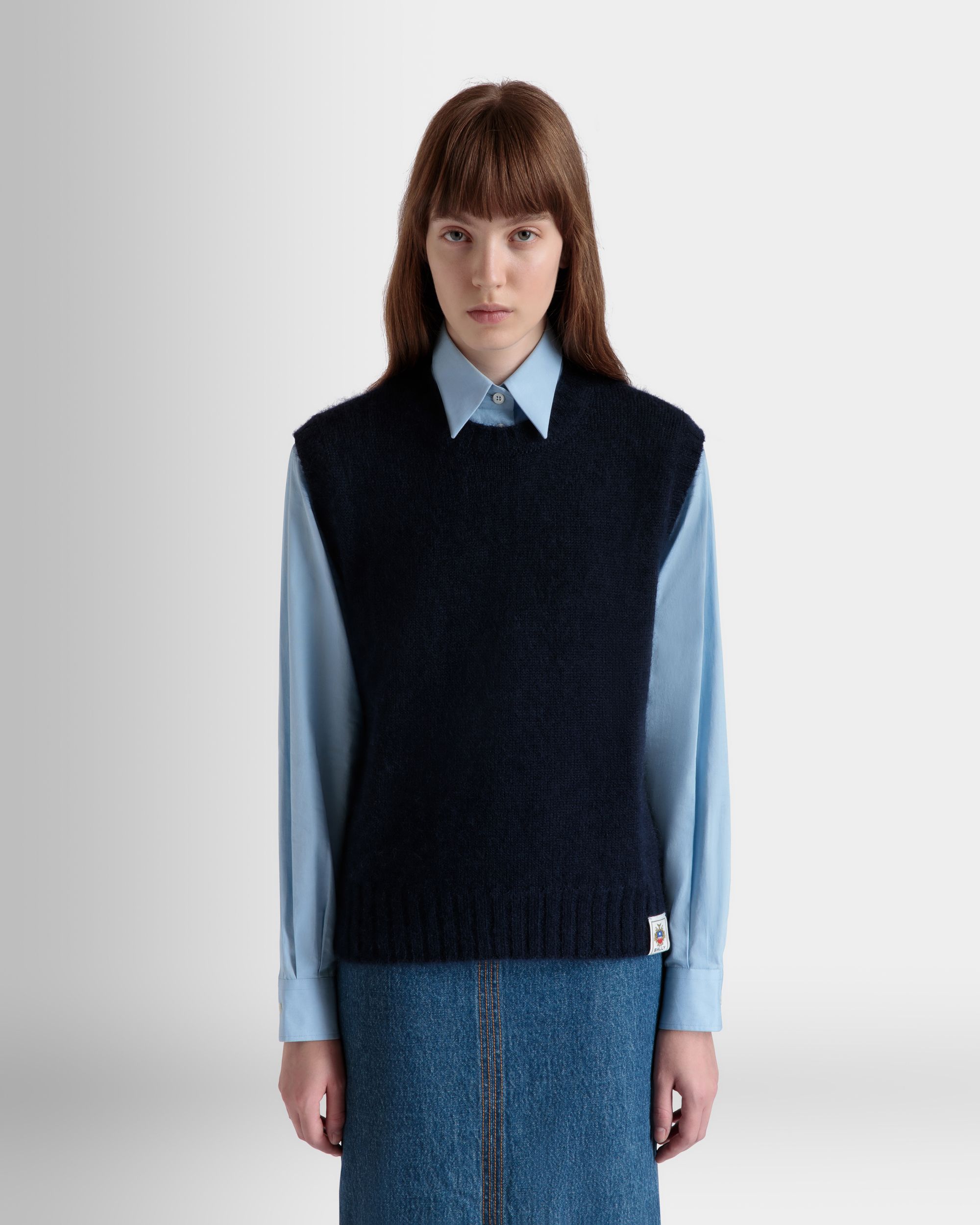 Gilet En Maille De Mohair Et Soie Navy Blue - Femme - Bally - 03