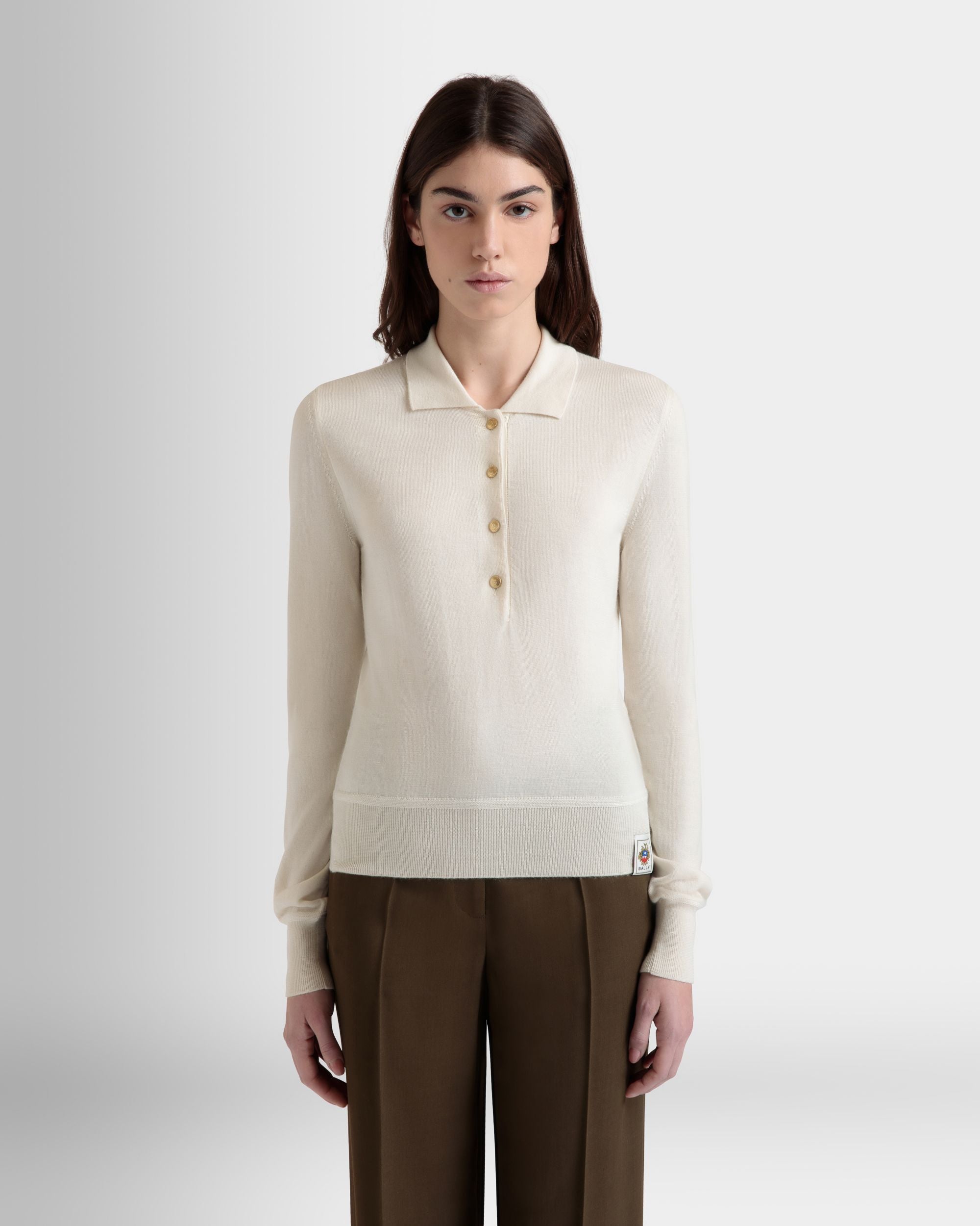Polo À Manches Longues En Cachemire Et Soie Ivoire - Femme - Bally - 08