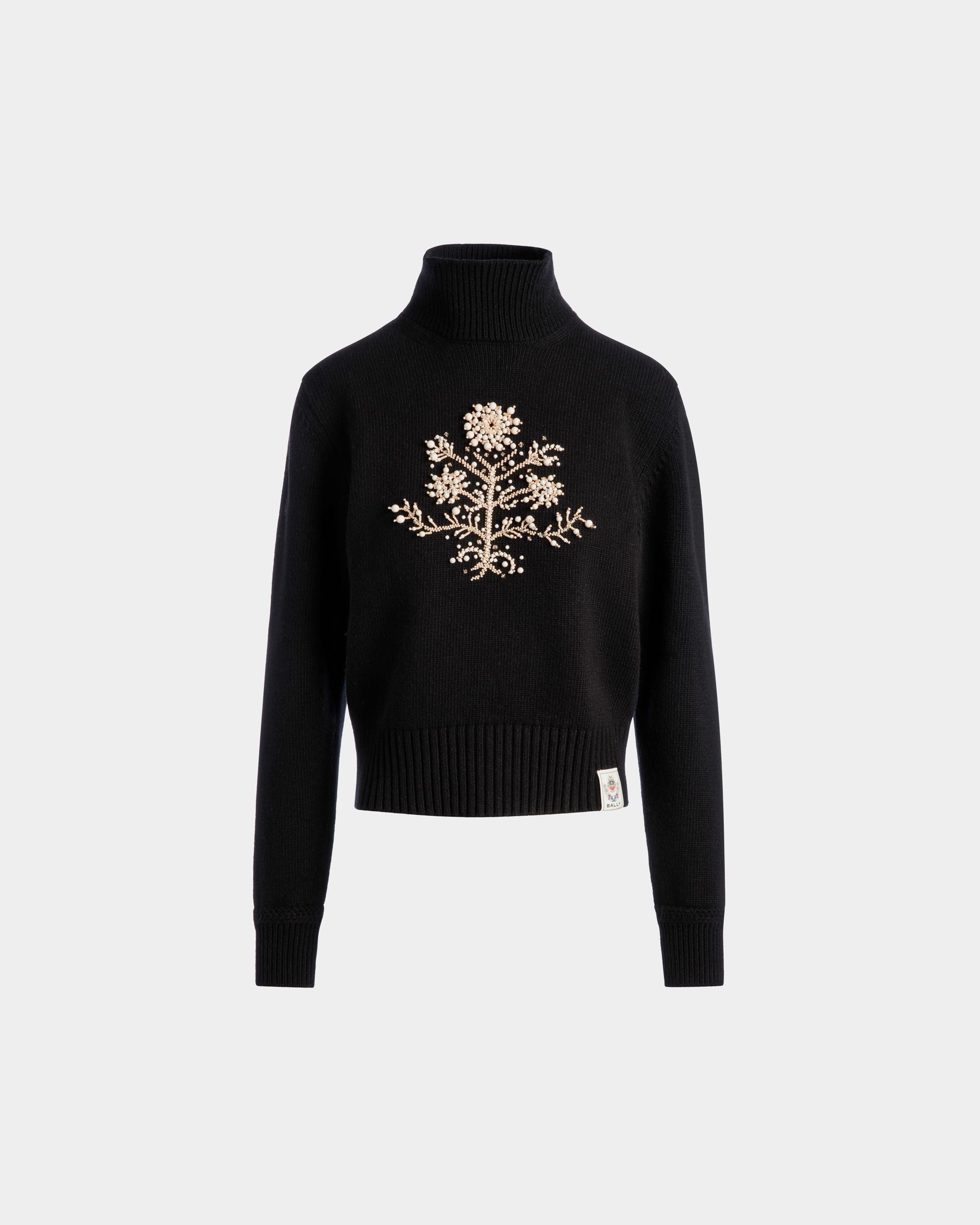 Pull À Col Roulé De La Capsule D’hiver En Laine Noire Orné D’une Fleur Heritage - Femme - Bally - 01