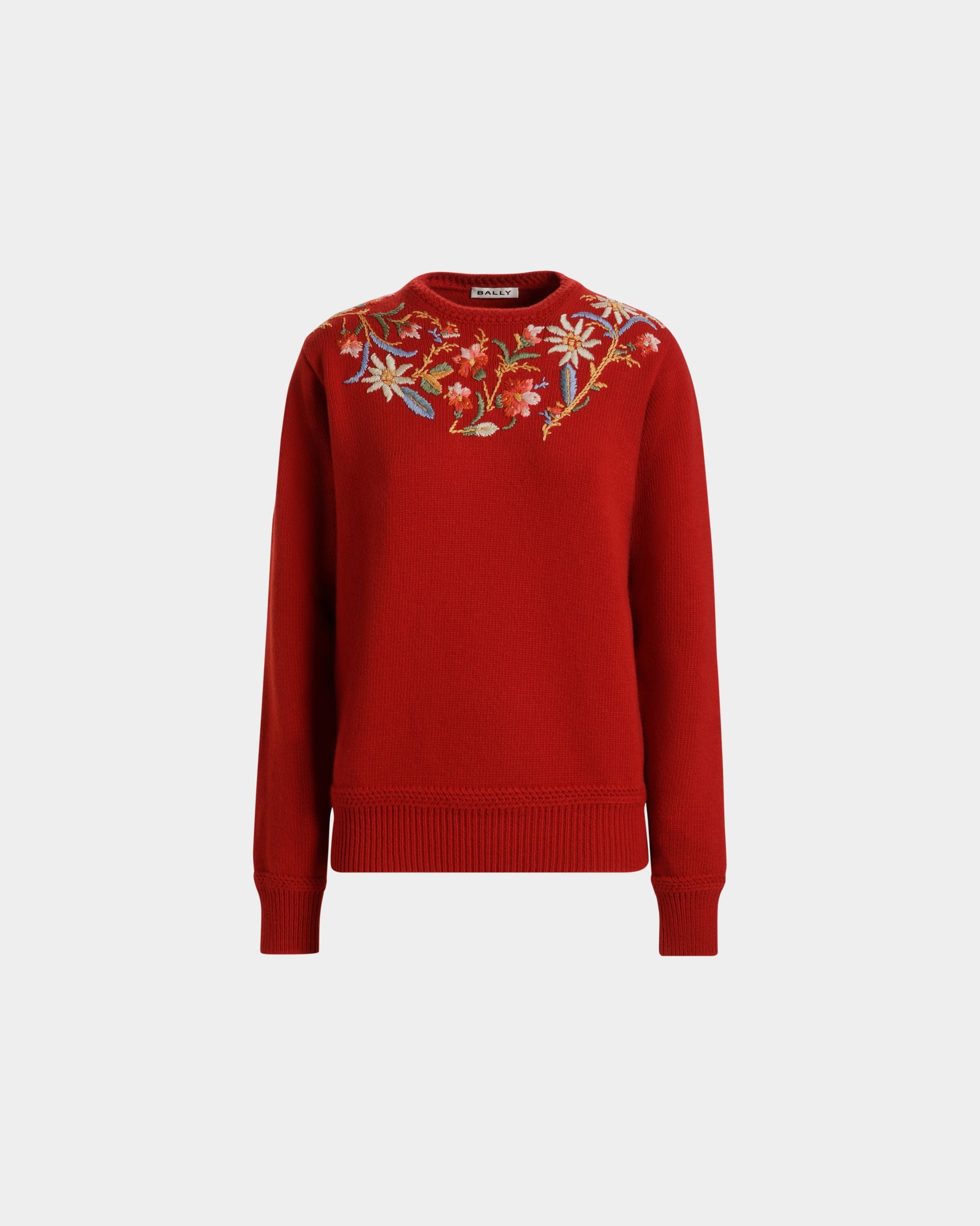 Pull Ras-Du-Cou De La Capsule D’hiver En Laine Rouge Orné De Fleurs Des Alpes - Femme - Bally - 01