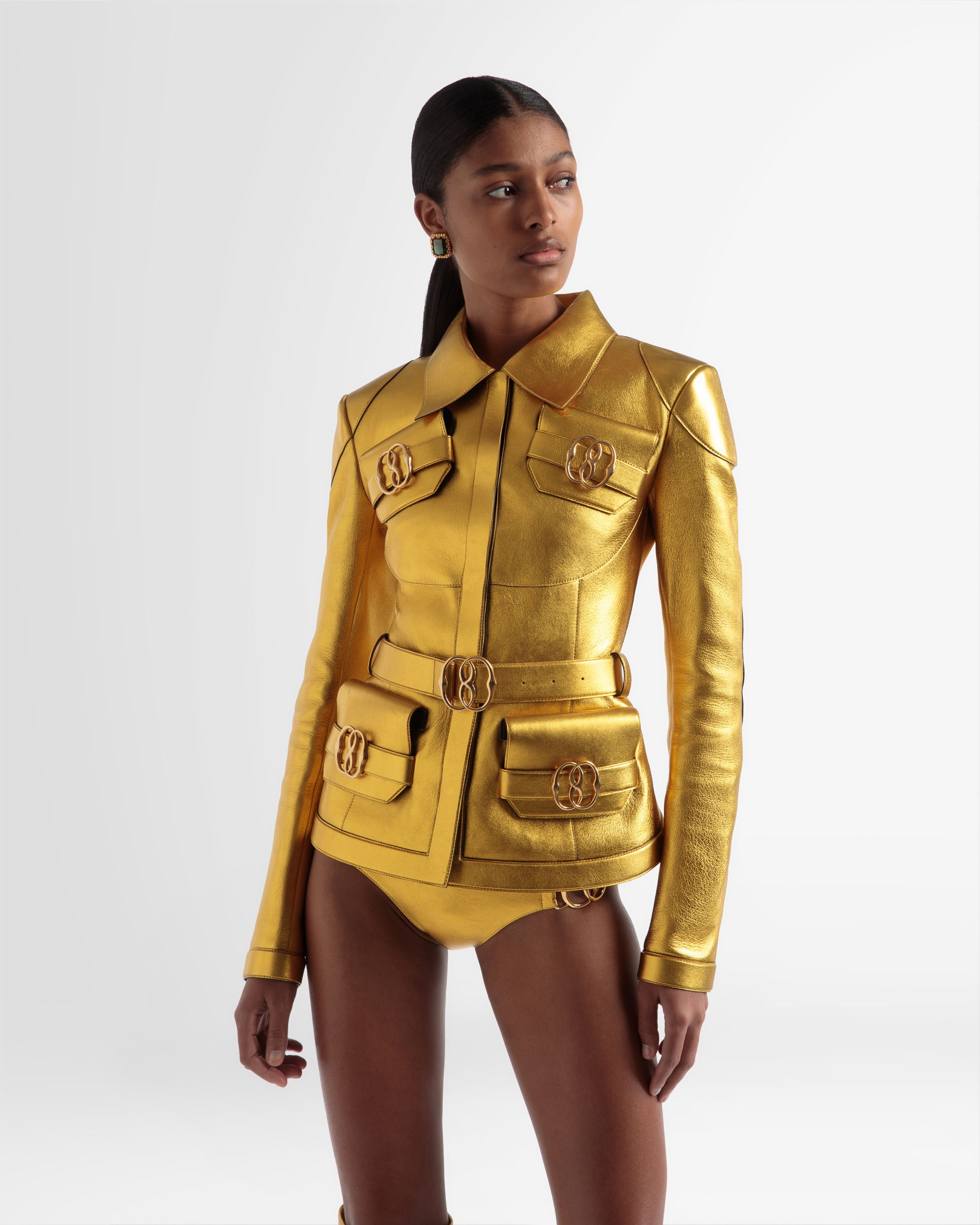 Veste En Cuir À Ceinture Couleur Or - Femme - Bally - 02