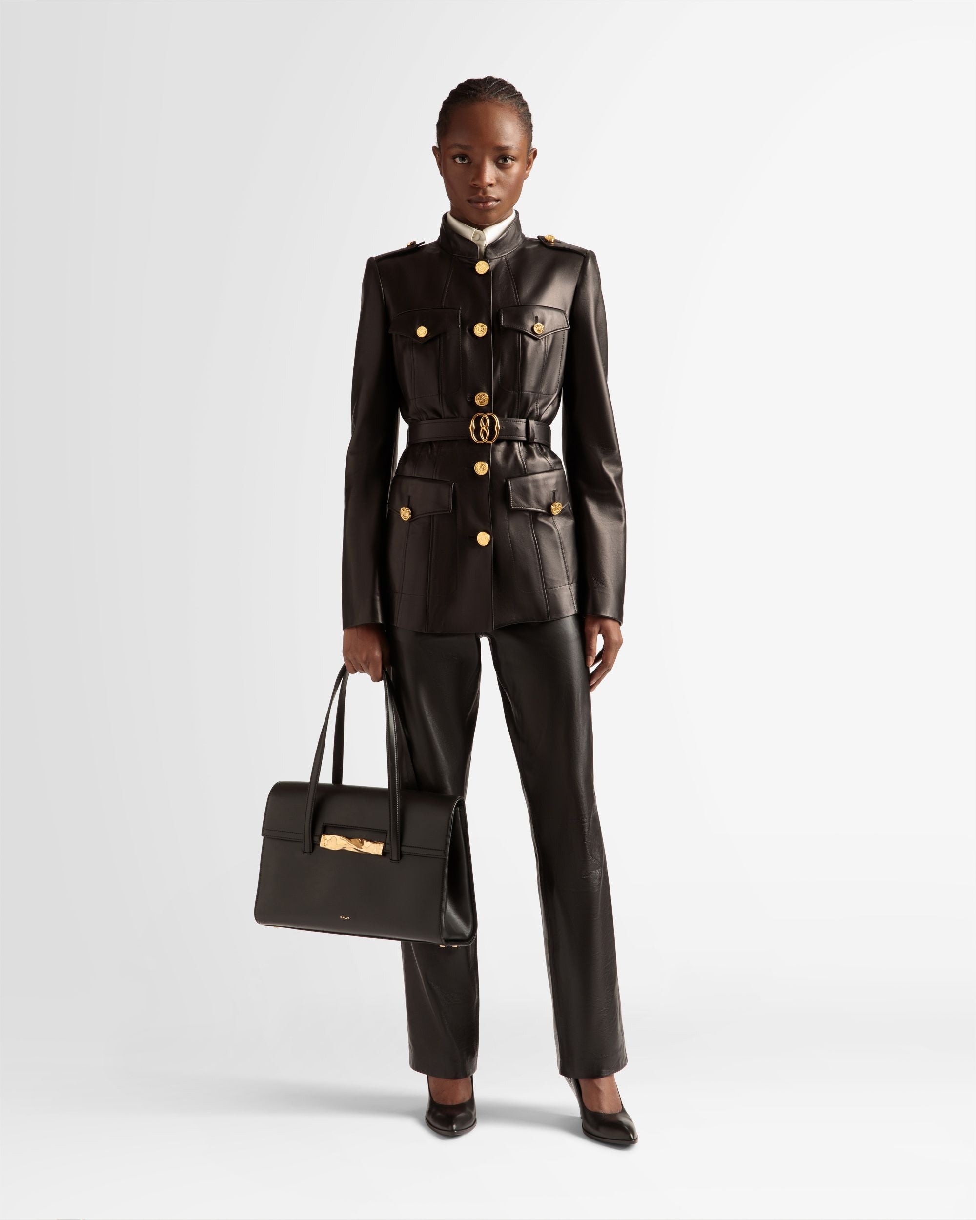 Veste avec ceinture En cuir noir - Femme - Bally - 02