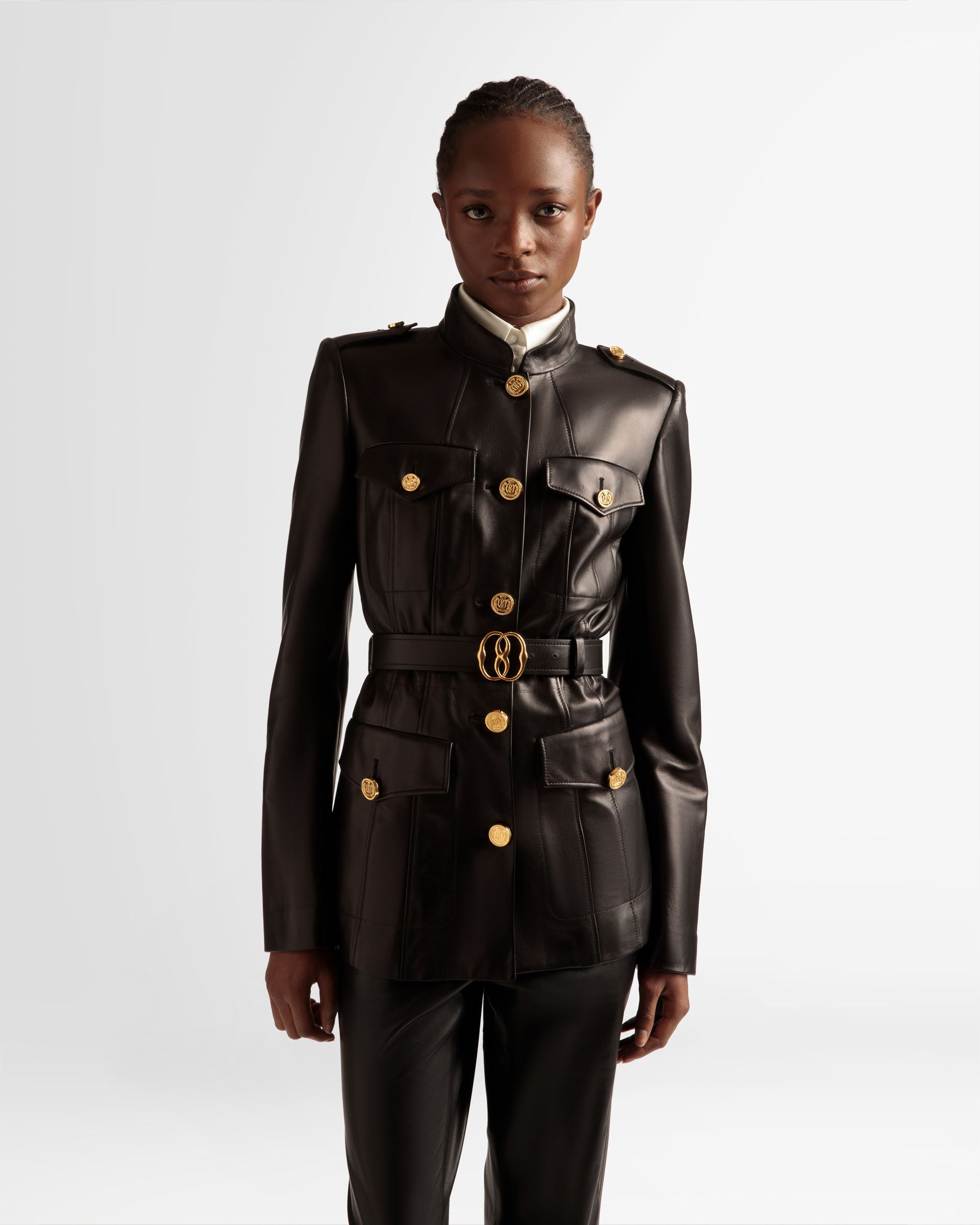 Veste avec ceinture En cuir noir - Femme - Bally - 03