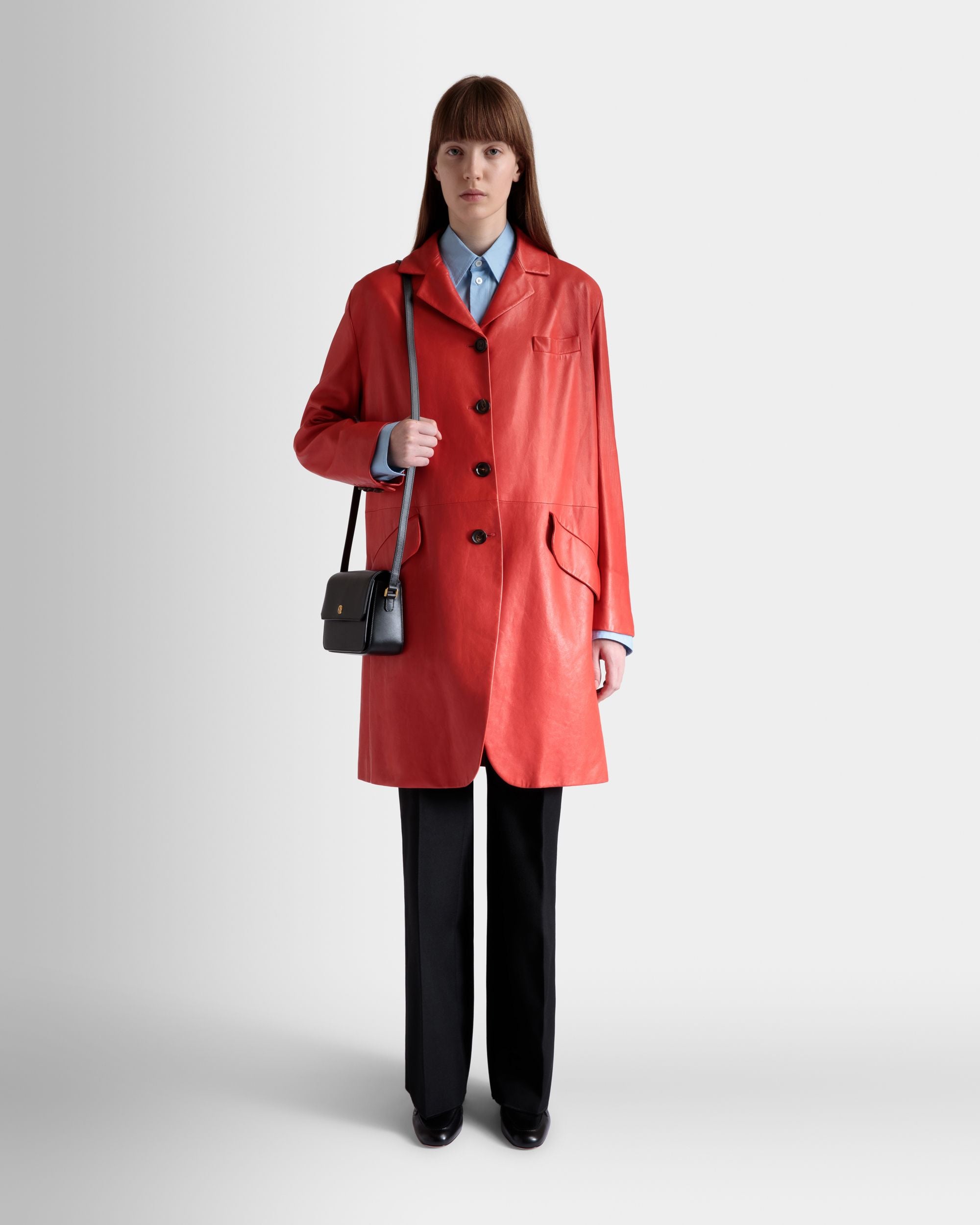 Manteau Midi Droit En Cuir Candy Red - Femme - Bally - 02
