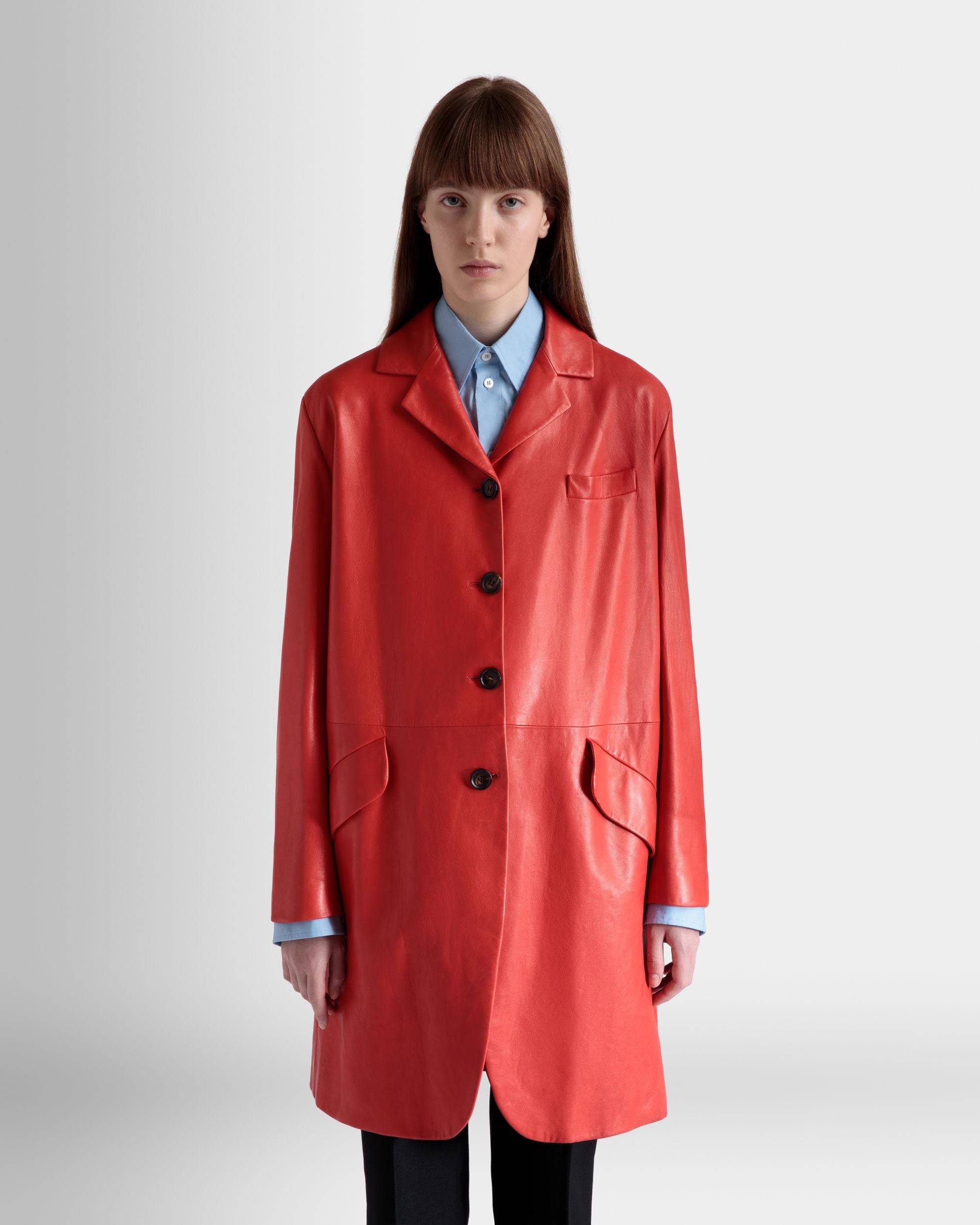 Manteau Midi Droit En Cuir Candy Red - Femme - Bally - 03