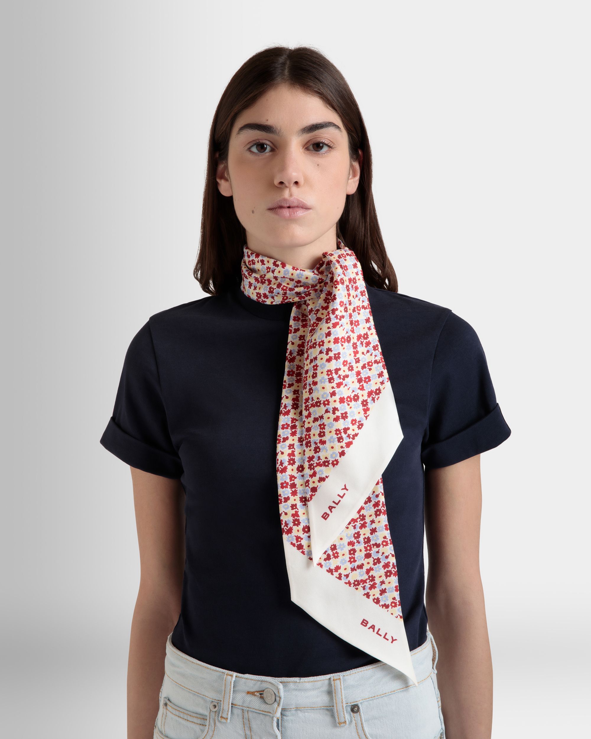 Écharpe Avec Motif Microflowers En Soie Ivoire - Femme - Bally - 04