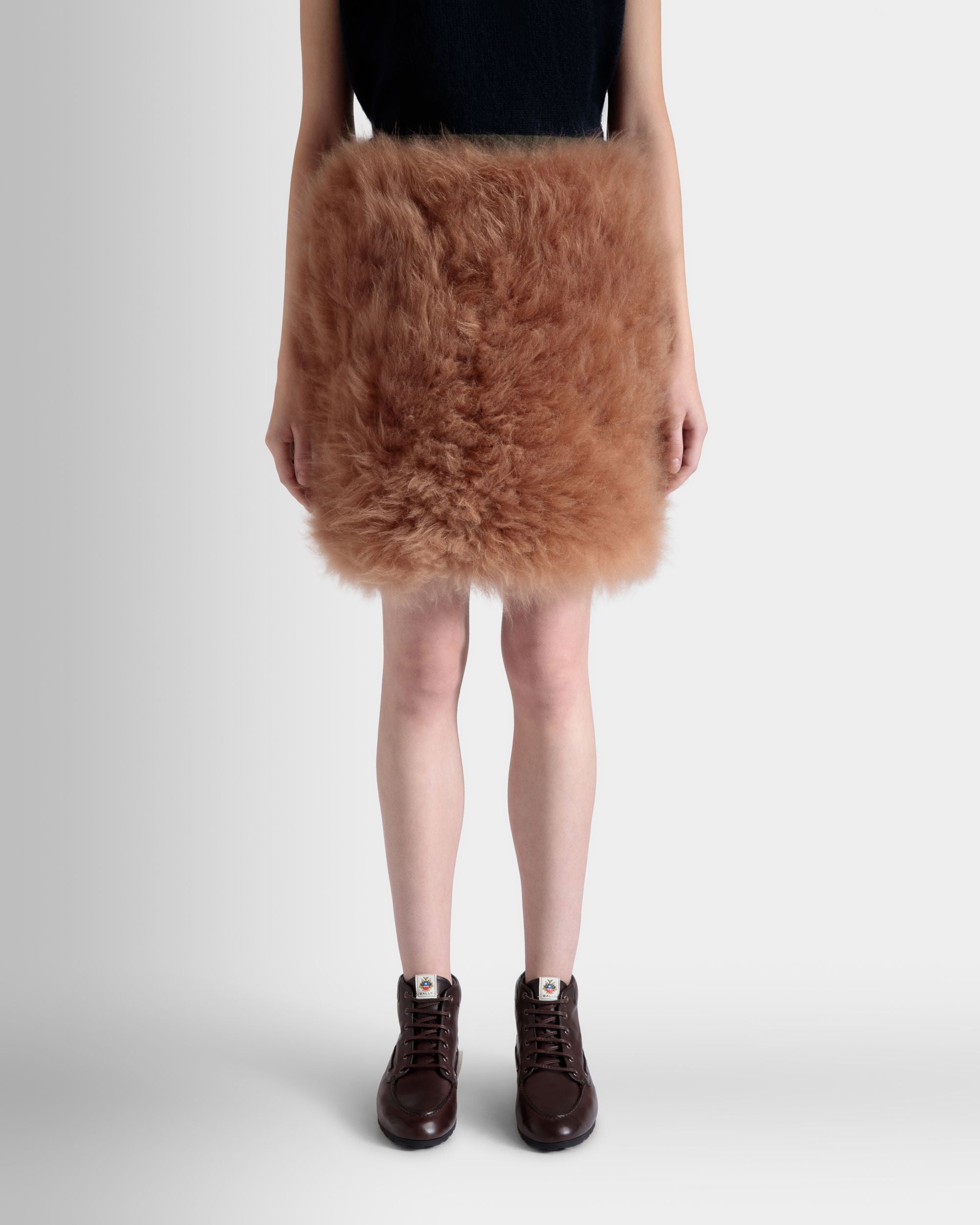 Minijupe En Laine Et Peau De Mouton Retourné Dark Green Et Praline Beige - Femme - Bally - 03